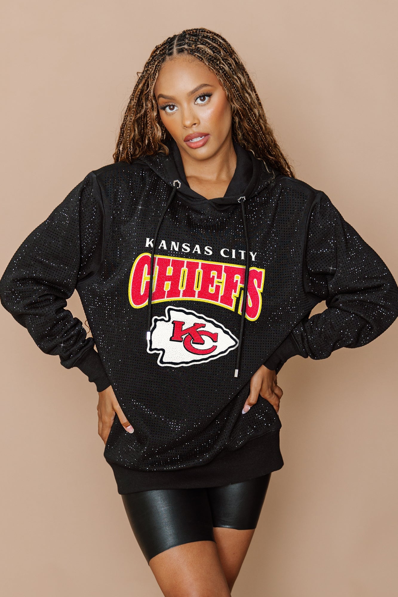 KANSAS CITY CHIEFS SIDELINE SHIMMER ALL-OVER MICRO-RHINESTONE SPARKLE HOODED SWEATSHIRT