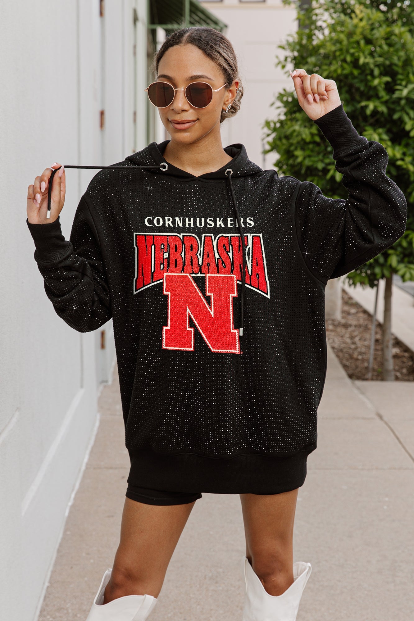 NEBRASKA CORNHUSKERS SIDELINE SHIMMER ALL-OVER MICRO-RHINESTONE SPARKLE HOODED SWEATSHIRT