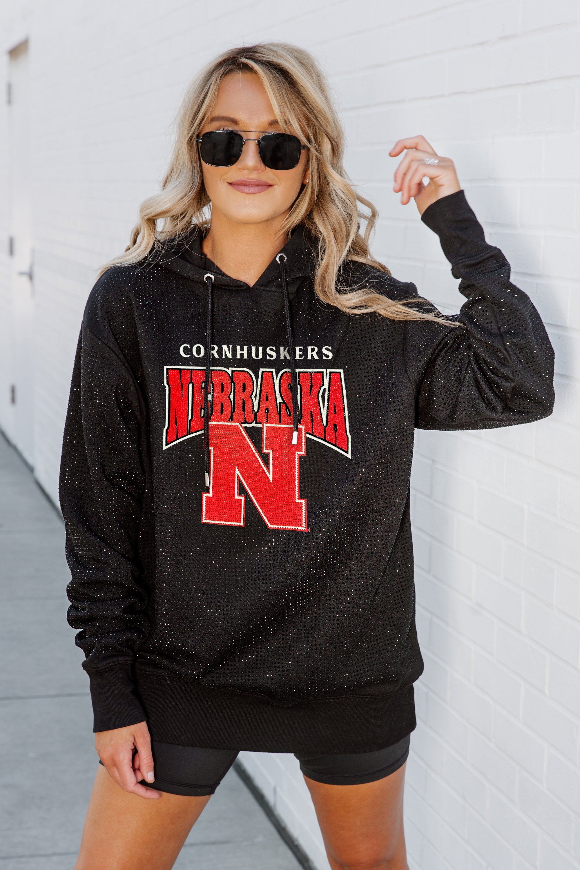 NEBRASKA CORNHUSKERS SIDELINE SHIMMER ALL-OVER MICRO-RHINESTONE SPARKLE HOODED SWEATSHIRT