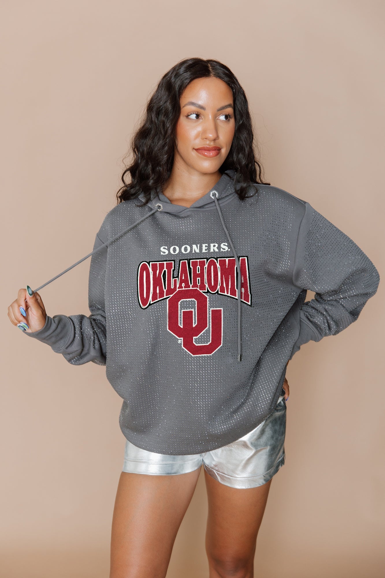 OKLAHOMA SOONERS SIDELINE SHIMMER ALL-OVER MICRO-RHINESTONE SPARKLE HOODED SWEATSHIRT