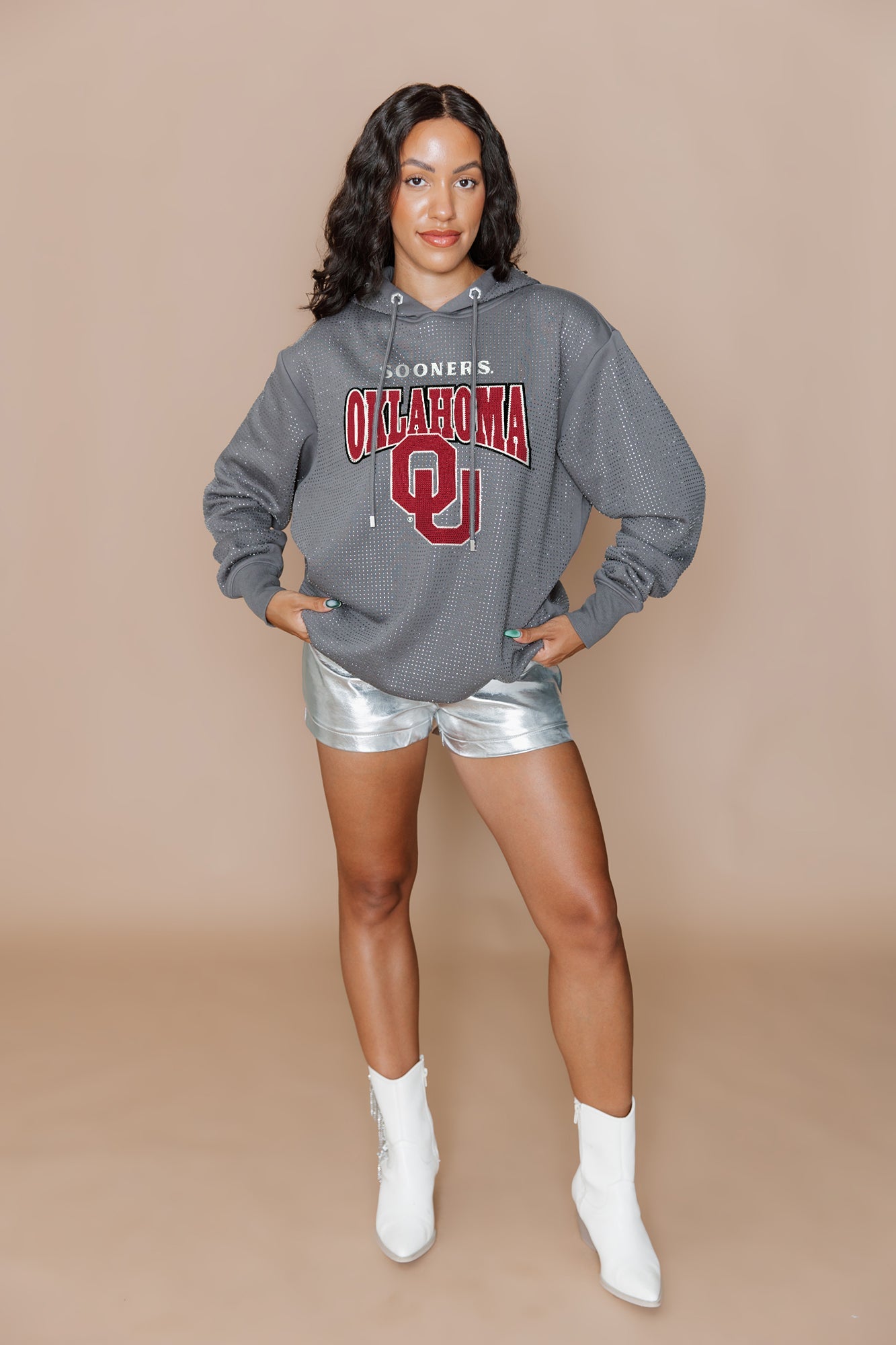 OKLAHOMA SOONERS SIDELINE SHIMMER ALL-OVER MICRO-RHINESTONE SPARKLE HOODED SWEATSHIRT