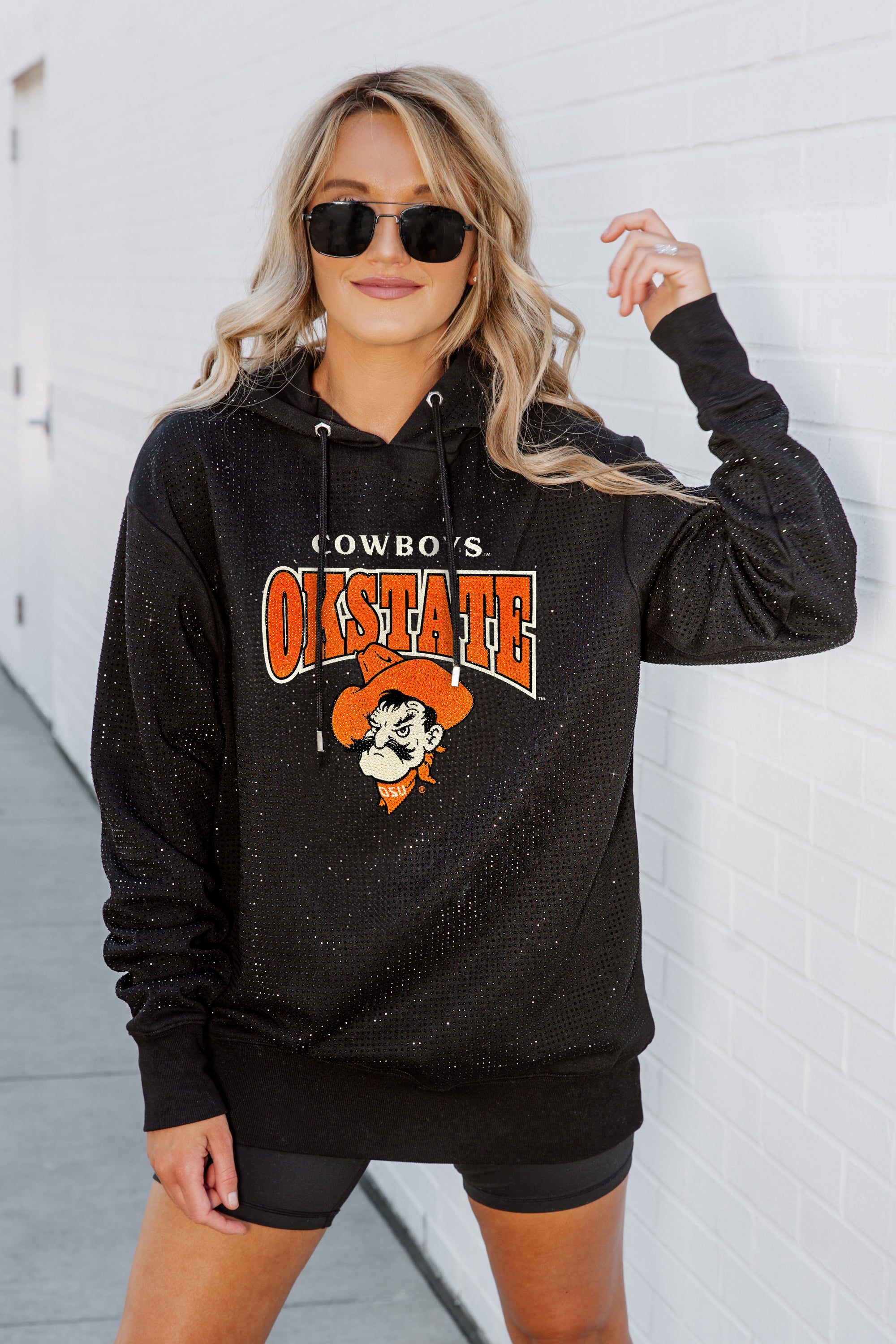 OKLAHOMA STATE COWBOYS SIDELINE SHIMMER ALL-OVER MICRO-RHINESTONE SPARKLE HOODED SWEATSHIRT