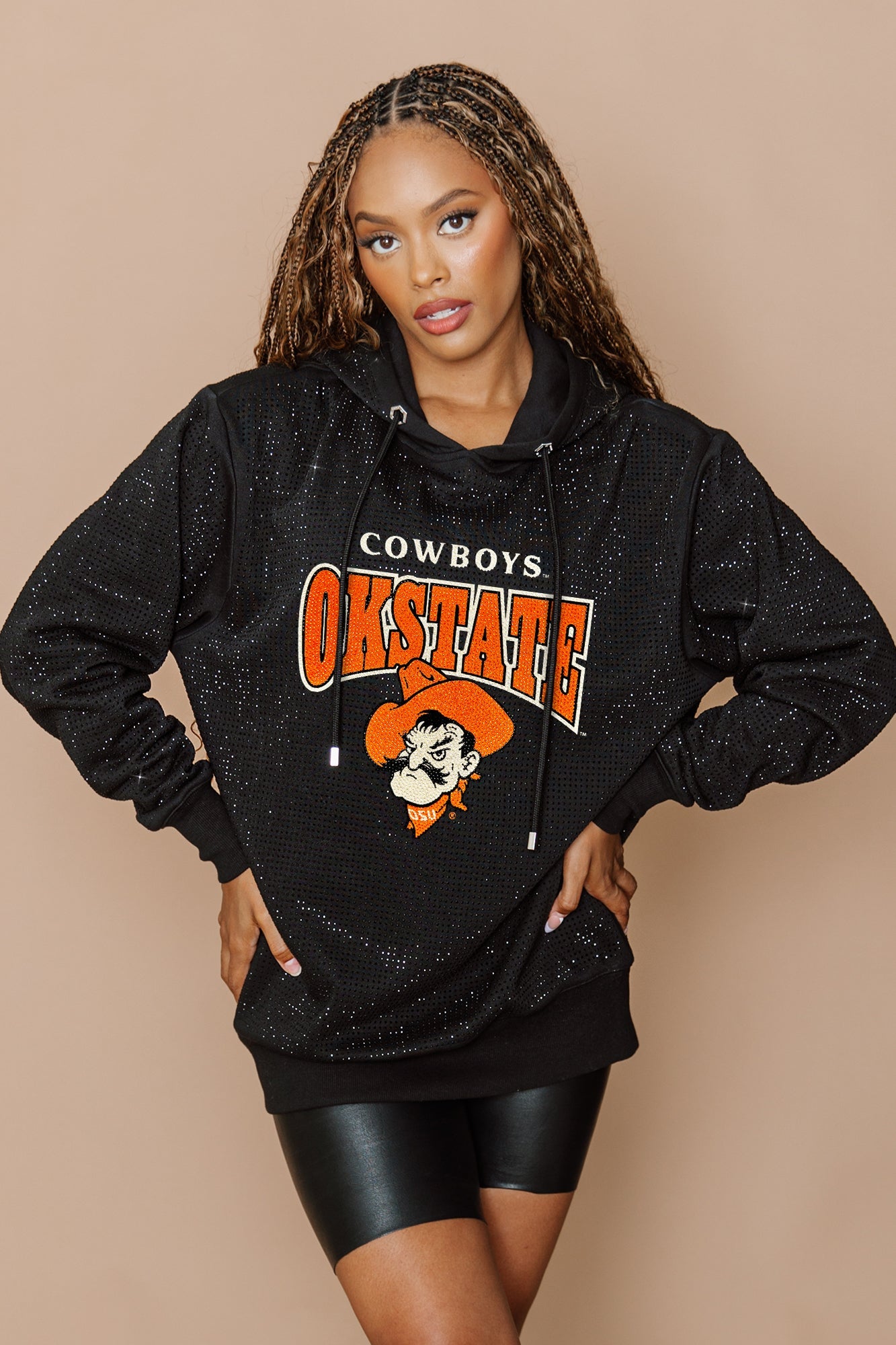 OKLAHOMA STATE COWBOYS SIDELINE SHIMMER ALL-OVER MICRO-RHINESTONE SPARKLE HOODED SWEATSHIRT