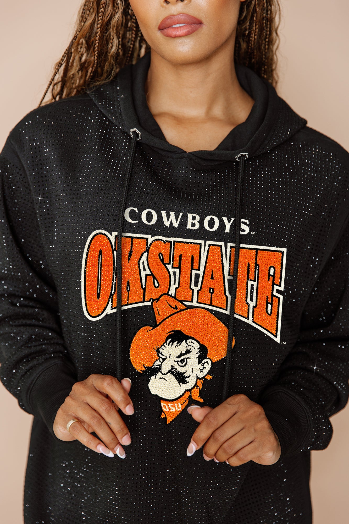 OKLAHOMA STATE COWBOYS SIDELINE SHIMMER ALL-OVER MICRO-RHINESTONE SPARKLE HOODED SWEATSHIRT