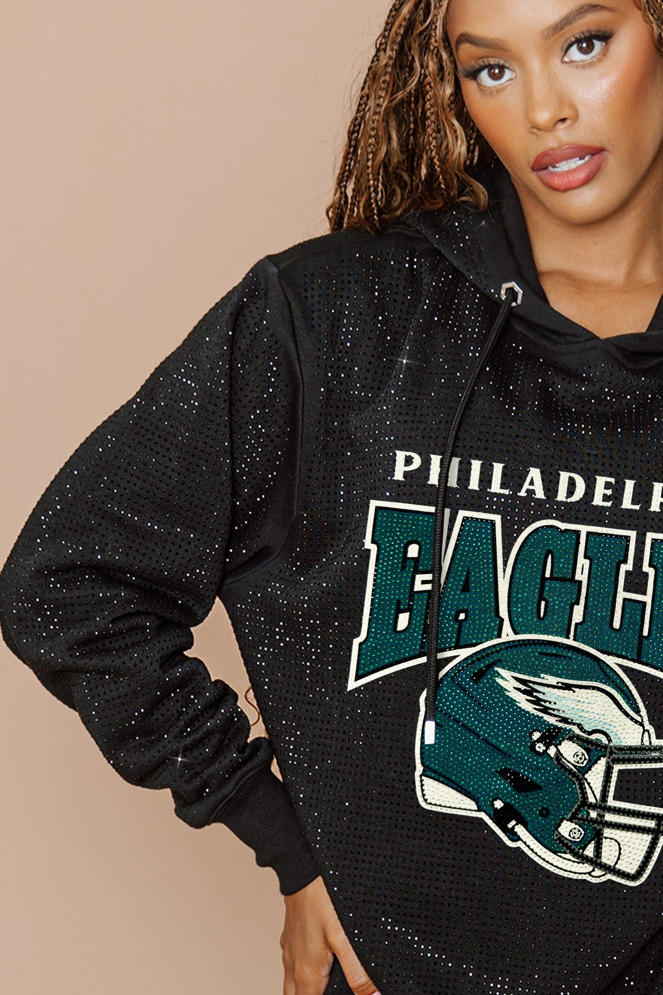 PHILADELPHIA EAGLES SIDELINE SHIMMER ALL-OVER MICRO-RHINESTONE SPARKLE HOODED SWEATSHIRT