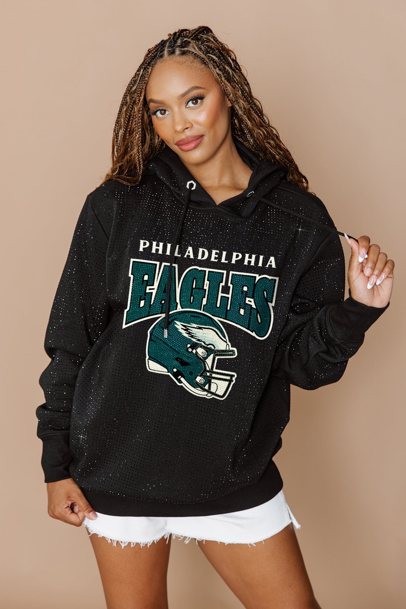 PHILADELPHIA EAGLES SIDELINE SHIMMER ALL-OVER MICRO-RHINESTONE SPARKLE HOODED SWEATSHIRT