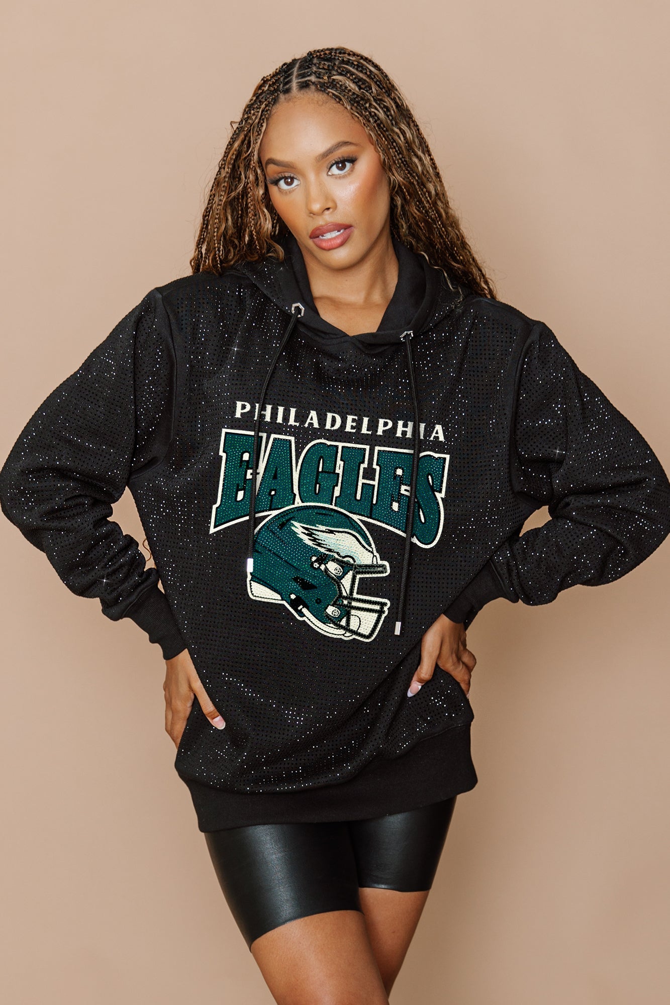 PHILADELPHIA EAGLES SIDELINE SHIMMER ALL-OVER MICRO-RHINESTONE SPARKLE HOODED SWEATSHIRT