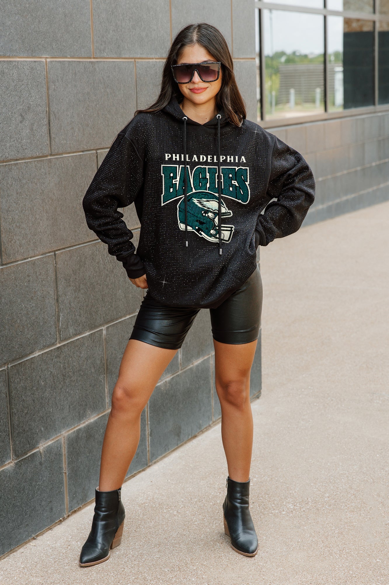 PHILADELPHIA EAGLES SIDELINE SHIMMER ALL-OVER MICRO-RHINESTONE SPARKLE HOODED SWEATSHIRT