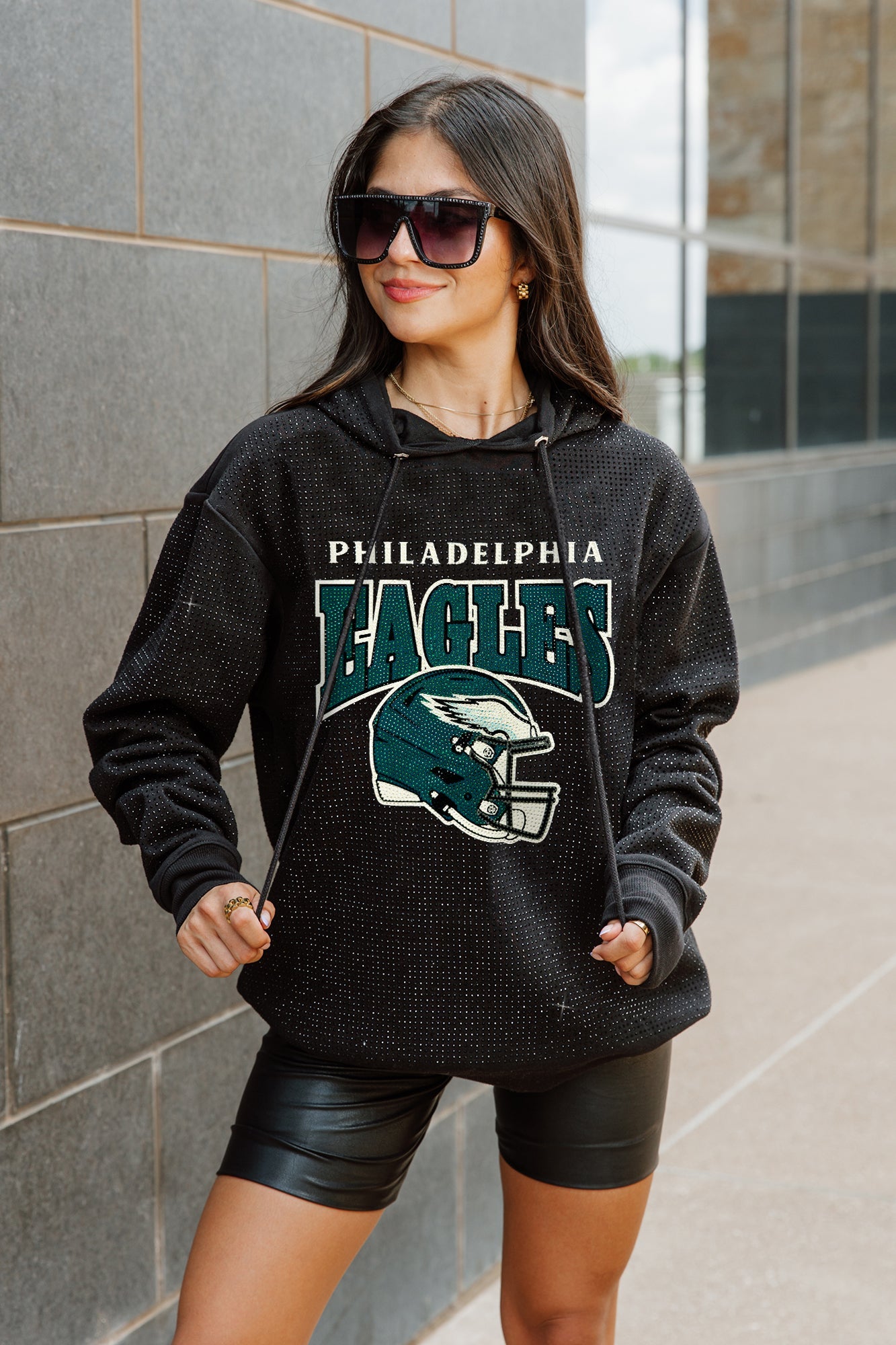 PHILADELPHIA EAGLES SIDELINE SHIMMER ALL-OVER MICRO-RHINESTONE SPARKLE HOODED SWEATSHIRT