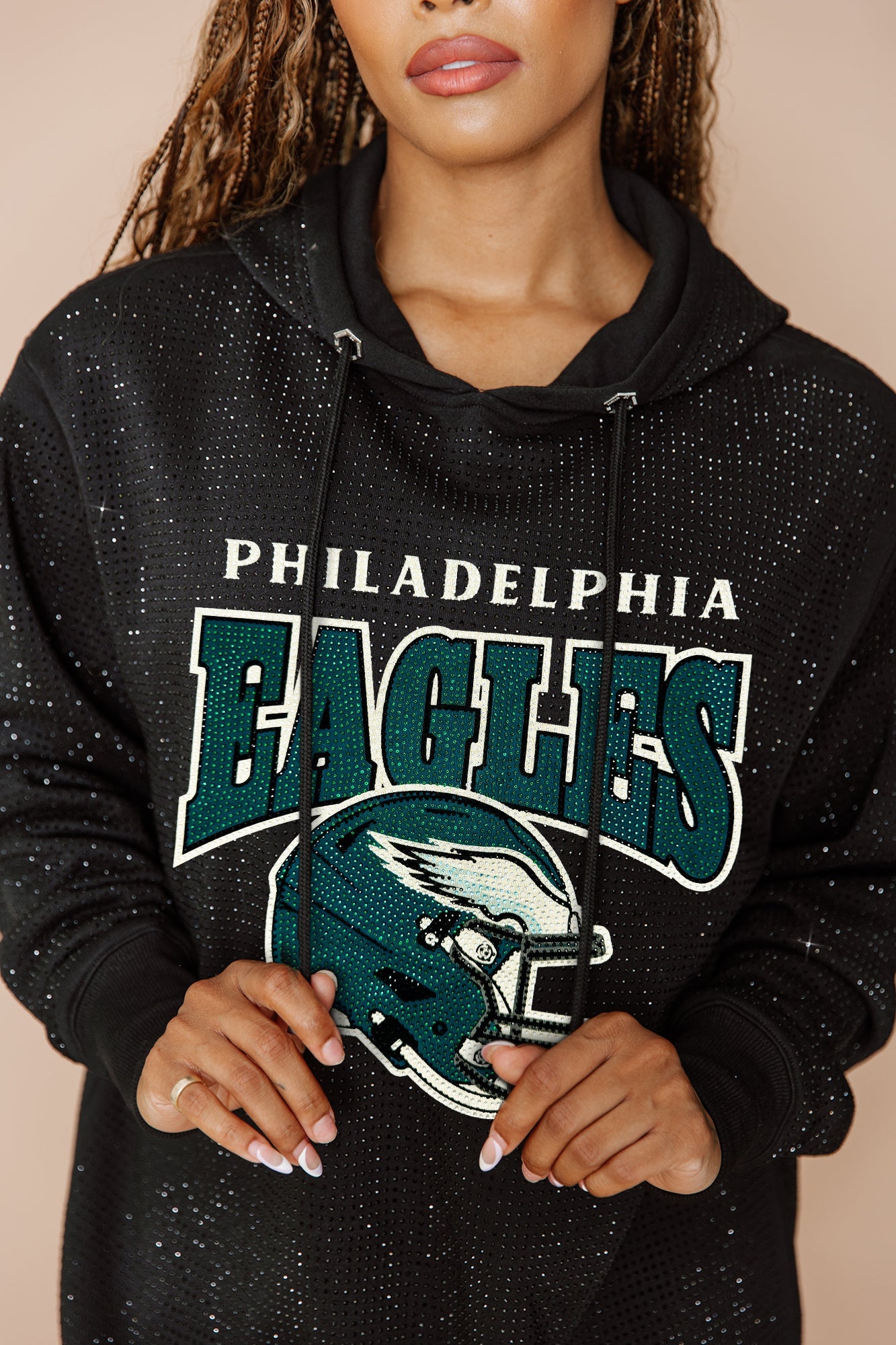 PHILADELPHIA EAGLES SIDELINE SHIMMER ALL OVER MICRO RHINESTONE SPARKLE HOODED SWEATSHIRT