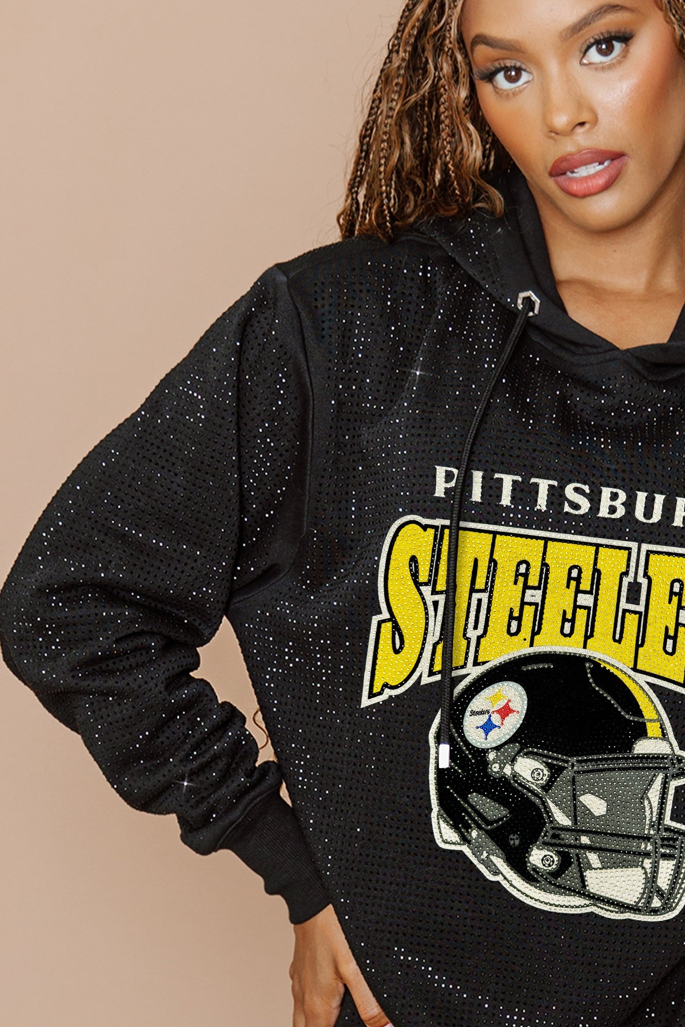 PITTSBURGH STEELERS SIDELINE SHIMMER ALL-OVER MICRO-RHINESTONE SPARKLE HOODED SWEATSHIRT