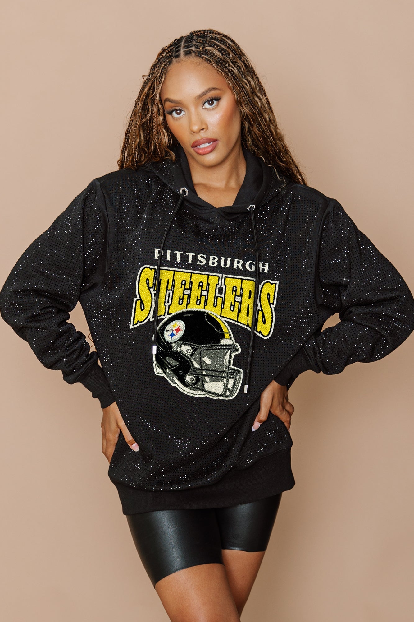 PITTSBURGH STEELERS SIDELINE SHIMMER ALL-OVER MICRO-RHINESTONE SPARKLE HOODED SWEATSHIRT