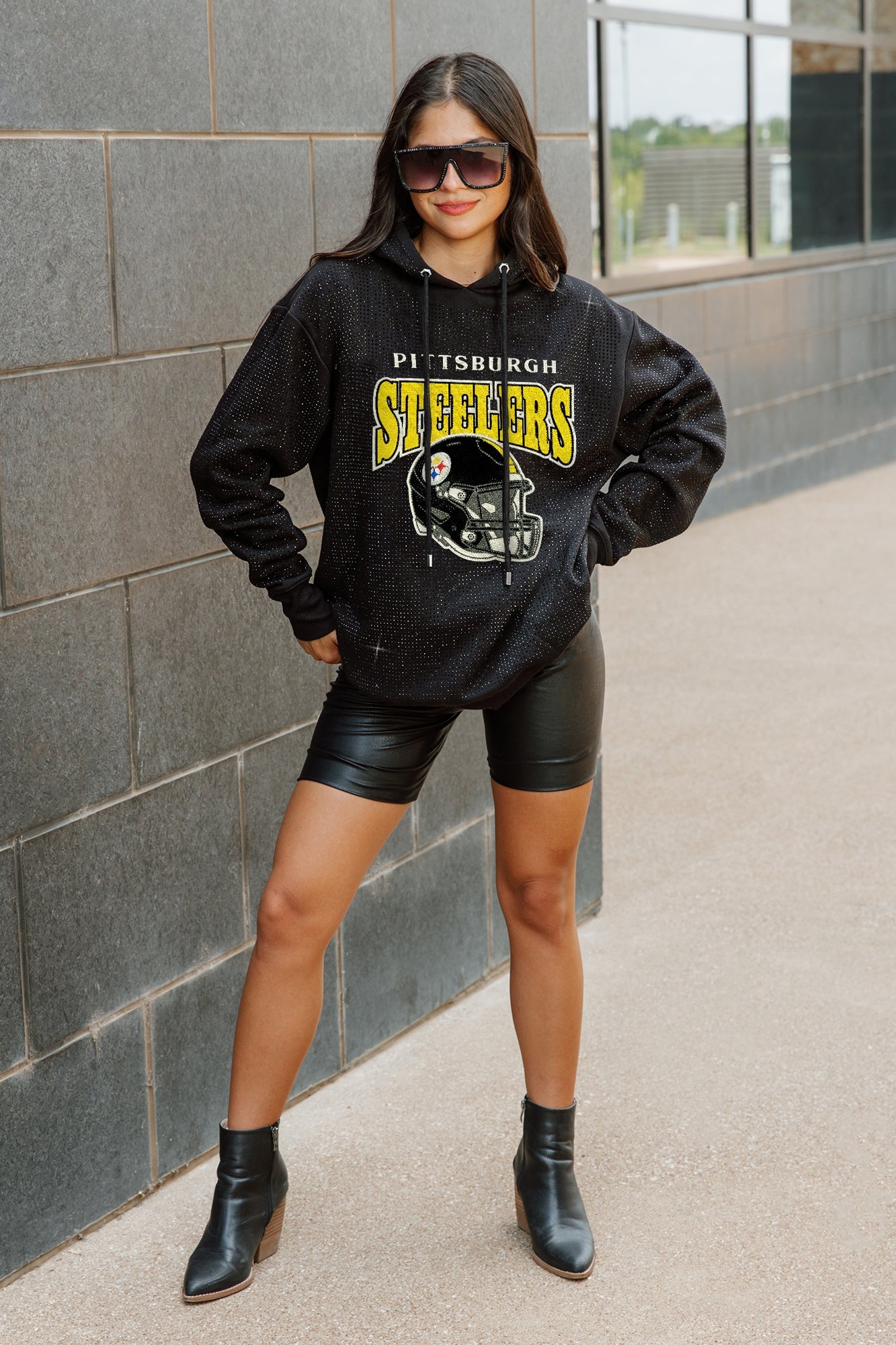 PITTSBURGH STEELERS SIDELINE SHIMMER ALL-OVER MICRO-RHINESTONE SPARKLE HOODED SWEATSHIRT