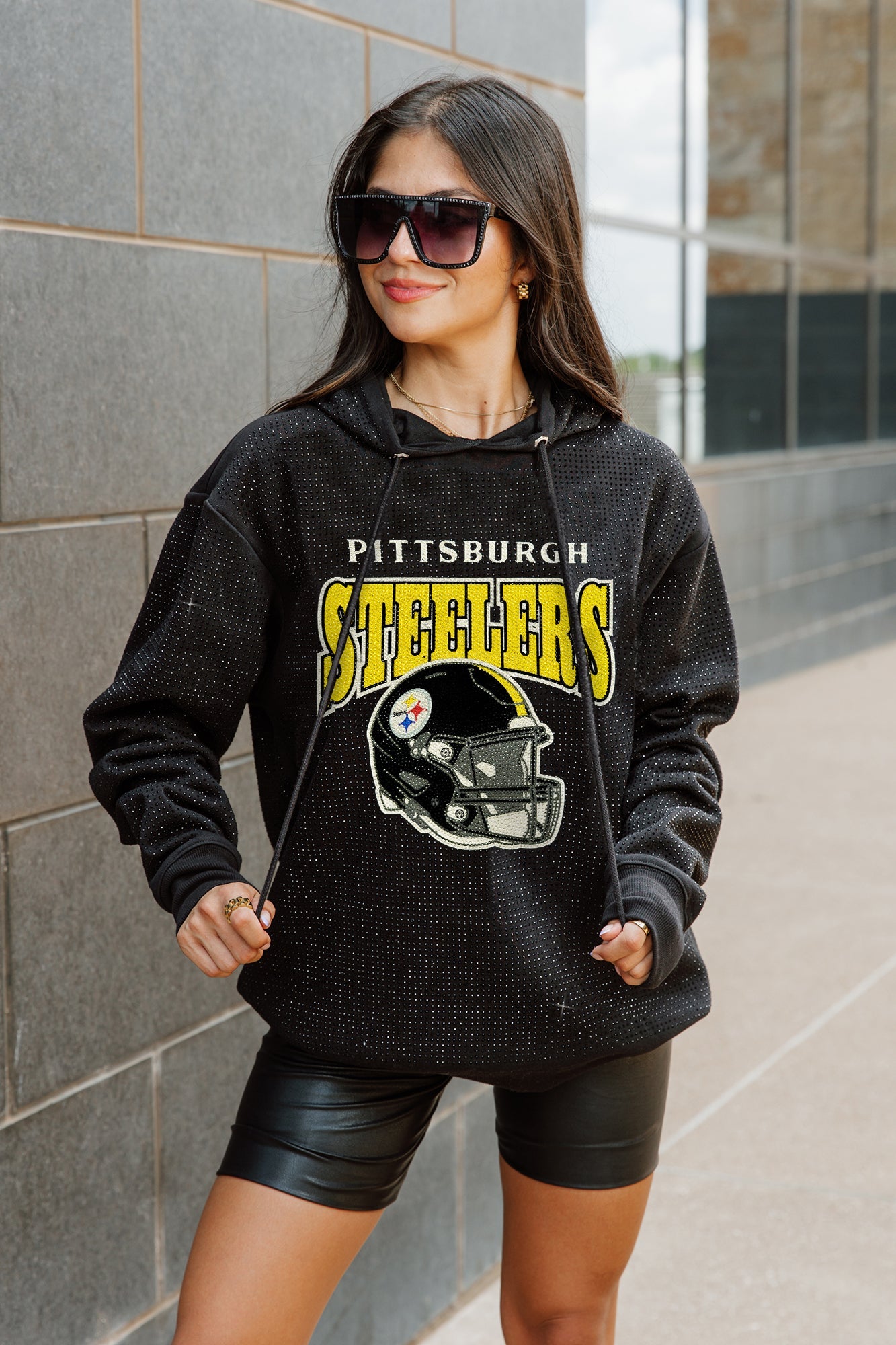 PITTSBURGH STEELERS SIDELINE SHIMMER ALL-OVER MICRO-RHINESTONE SPARKLE HOODED SWEATSHIRT