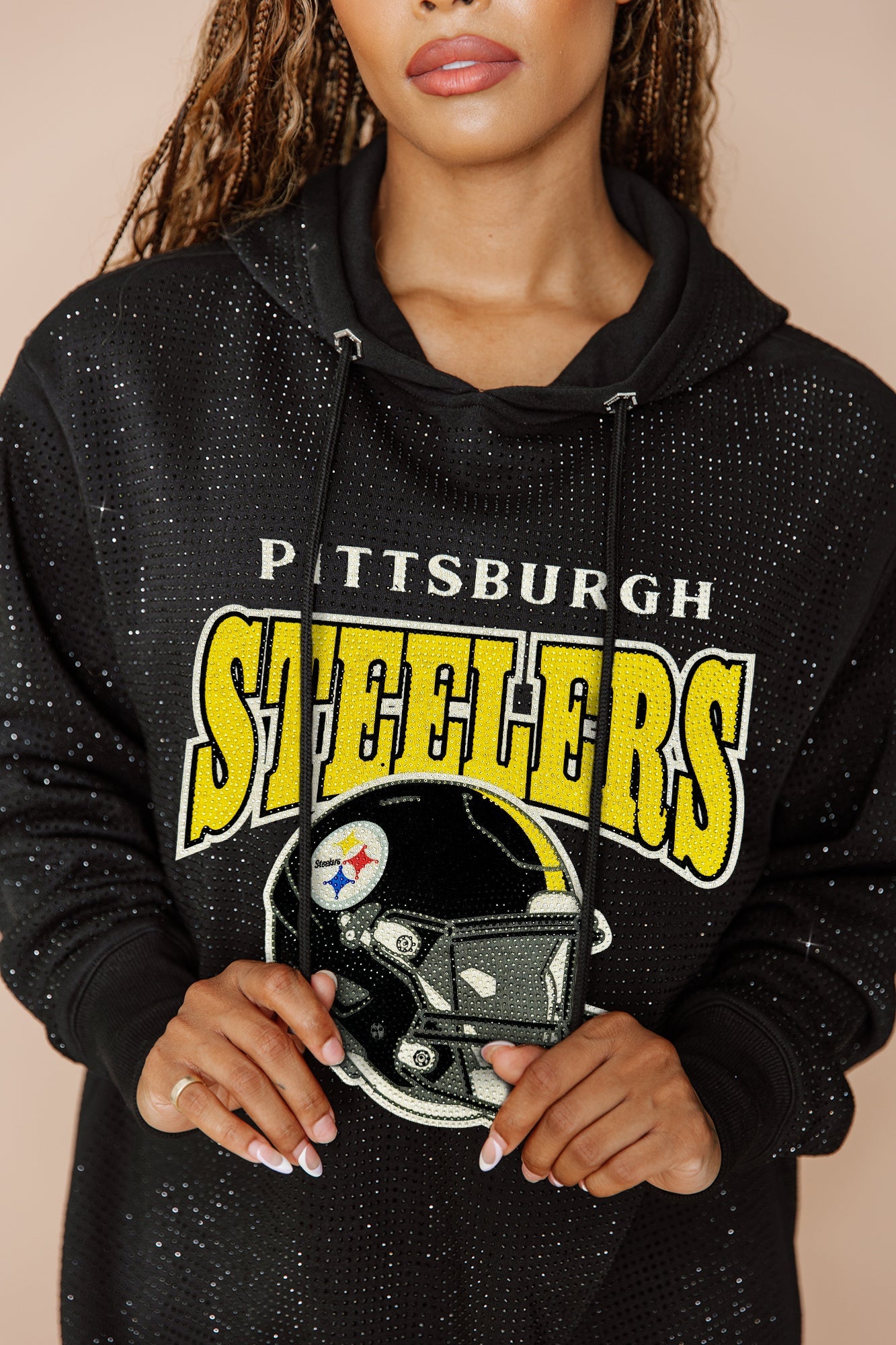 PITTSBURGH STEELERS SIDELINE SHIMMER ALL OVER MICRO RHINESTONE SPARKLE HOODED SWEATSHIRT