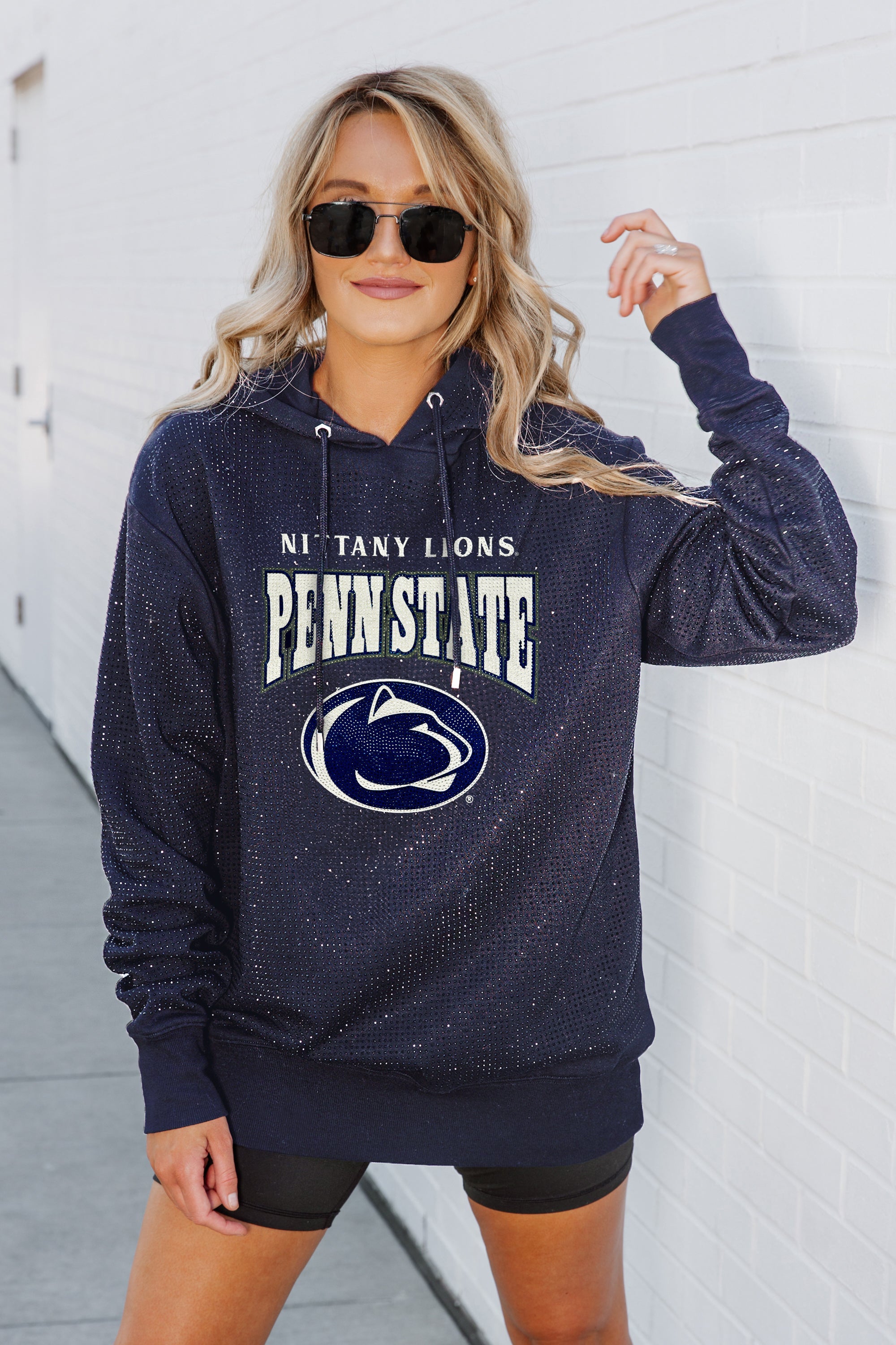 PENN STATE NITTANY LIONS SIDELINE SHIMMER ALL-OVER MICRO-RHINESTONE SPARKLE HOODED SWEATSHIRT