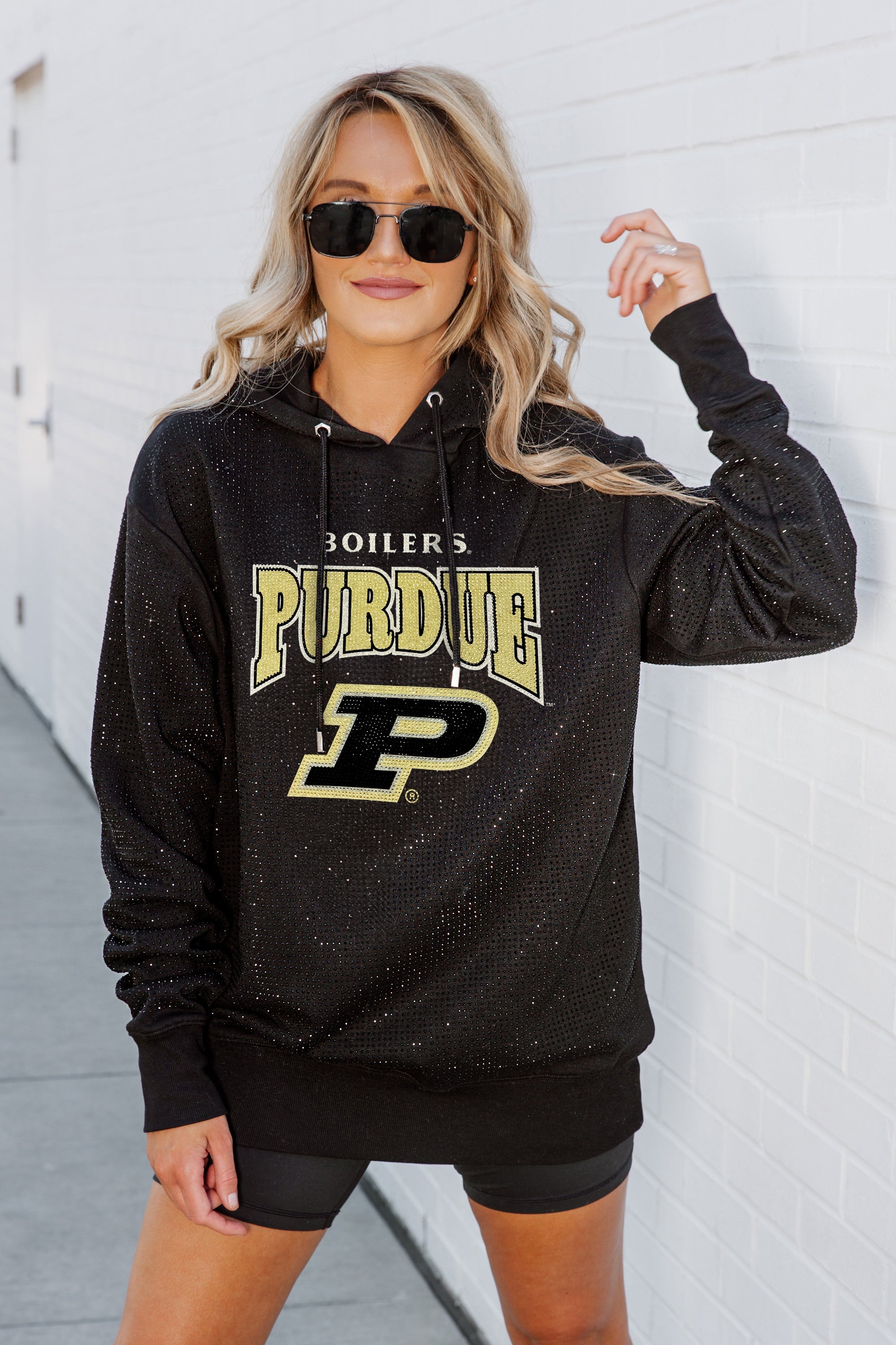 PURDUE BOILERMAKERS SIDELINE SHIMMER ALL-OVER MICRO-RHINESTONE SPARKLE HOODED SWEATSHIRT