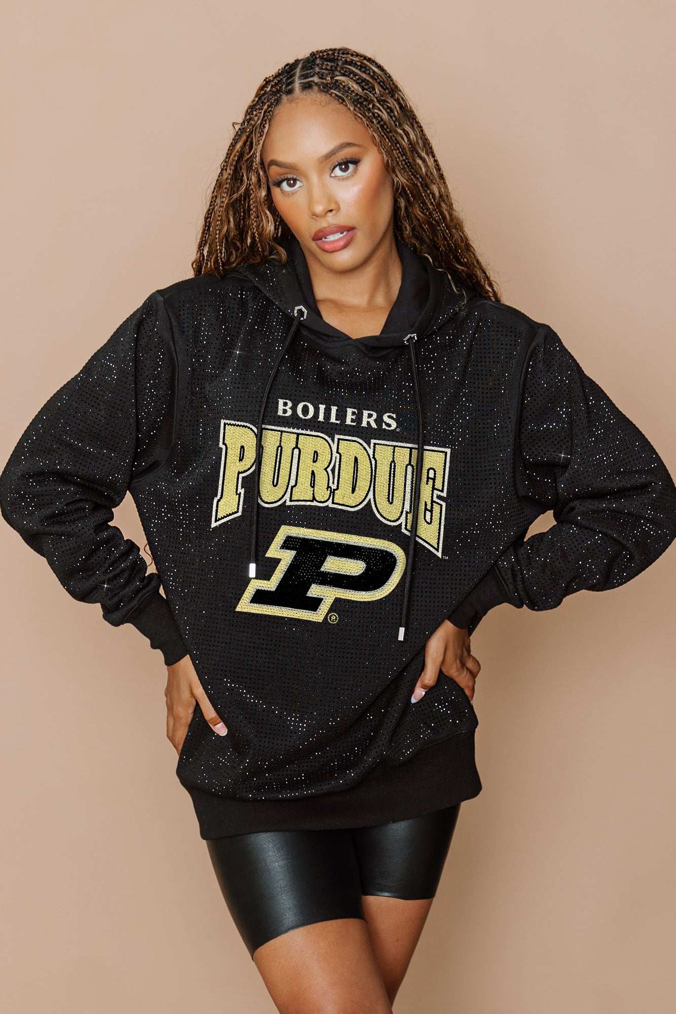 PURDUE BOILERMAKERS SIDELINE SHIMMER ALL-OVER MICRO-RHINESTONE SPARKLE HOODED SWEATSHIRT