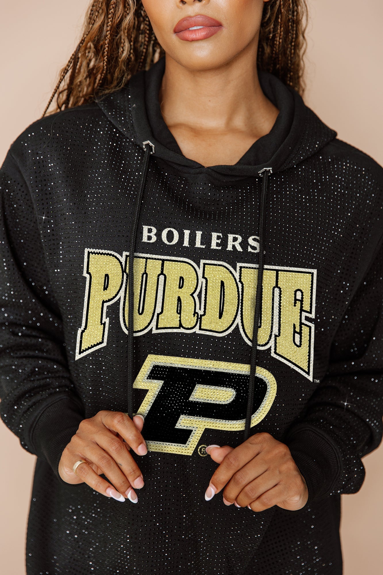 PURDUE BOILERMAKERS SIDELINE SHIMMER ALL-OVER MICRO-RHINESTONE SPARKLE HOODED SWEATSHIRT