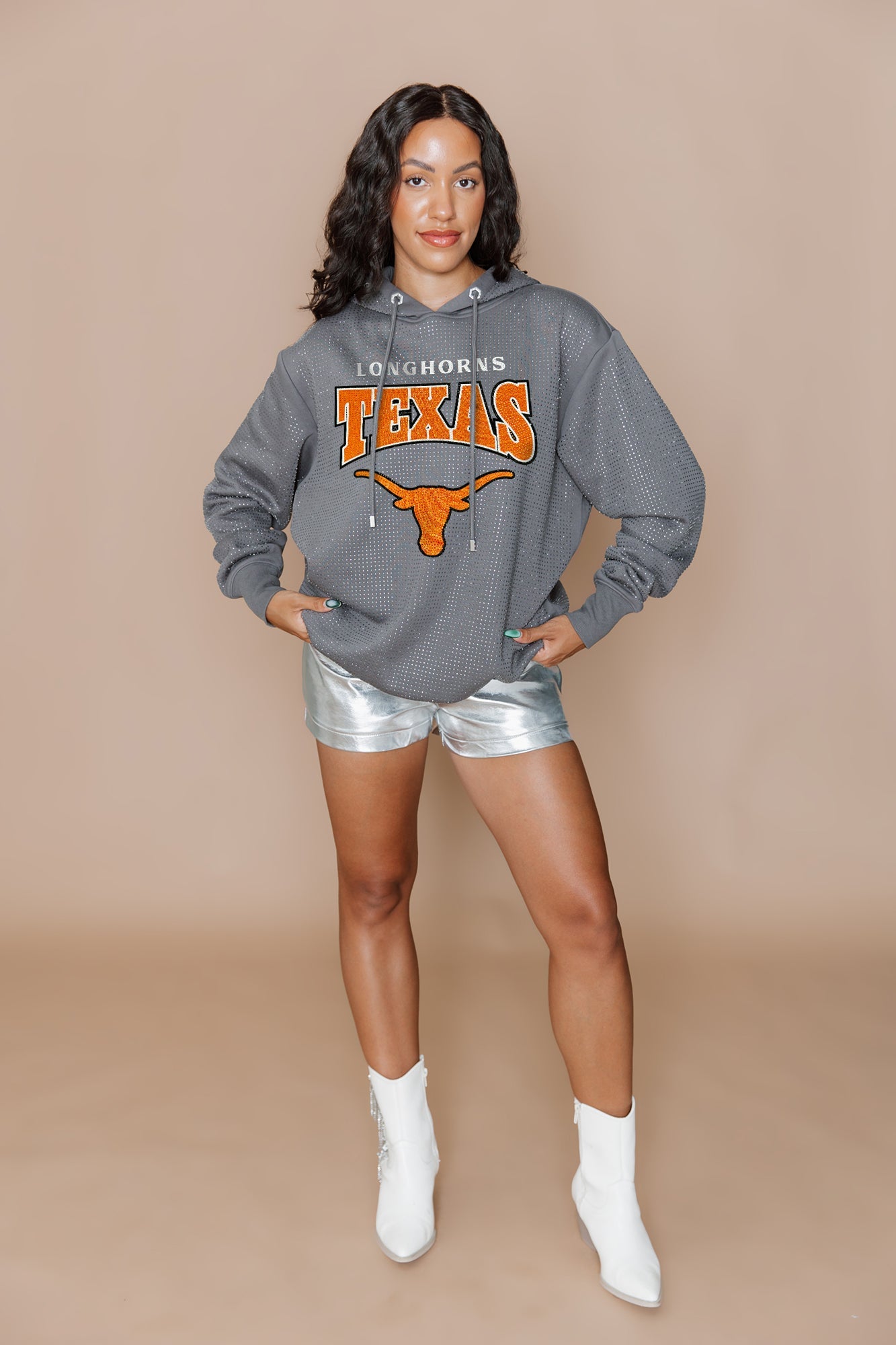 TEXAS LONGHORNS SIDELINE SHIMMER ALL-OVER MICRO-RHINESTONE SPARKLE HOODED SWEATSHIRT