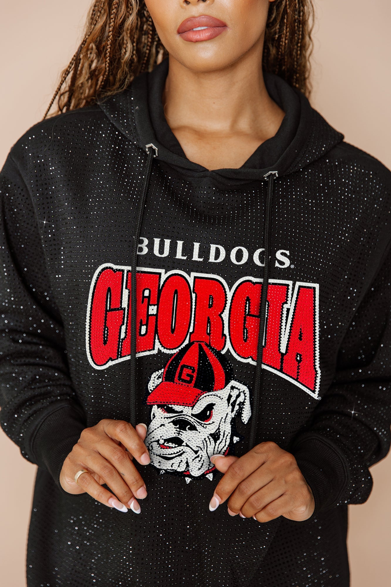 GEORGIA BULLDOGS SIDELINE SHIMMER ALL-OVER MICRO-RHINESTONE SPARKLE HOODED SWEATSHIRT