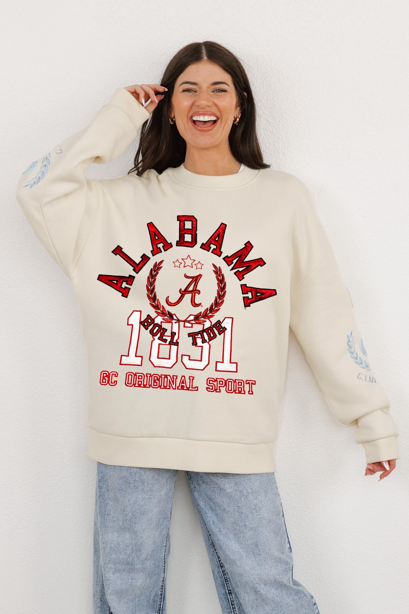 ALABAMA CRIMSON TIDE GAMEDAY SLAY BLACK LABEL PREMIUM FLEECE DROP SHOULDER CREWNECK BY MADI PREWETT TROUTT