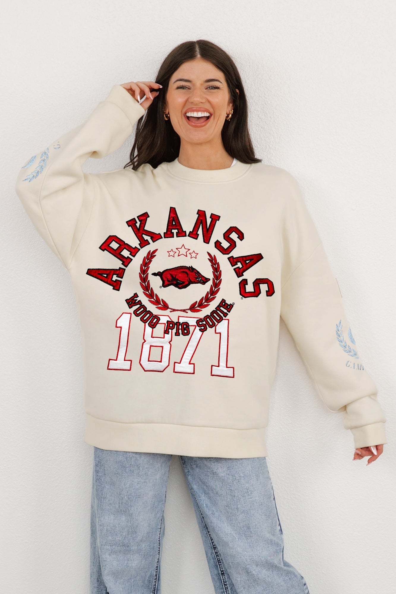 ARKANSAS RAZORBACKS GAMEDAY SLAY BLACK LABEL PREMIUM FLEECE DROP SHOULDER CREWNECK BY MADI PREWETT TROUTT