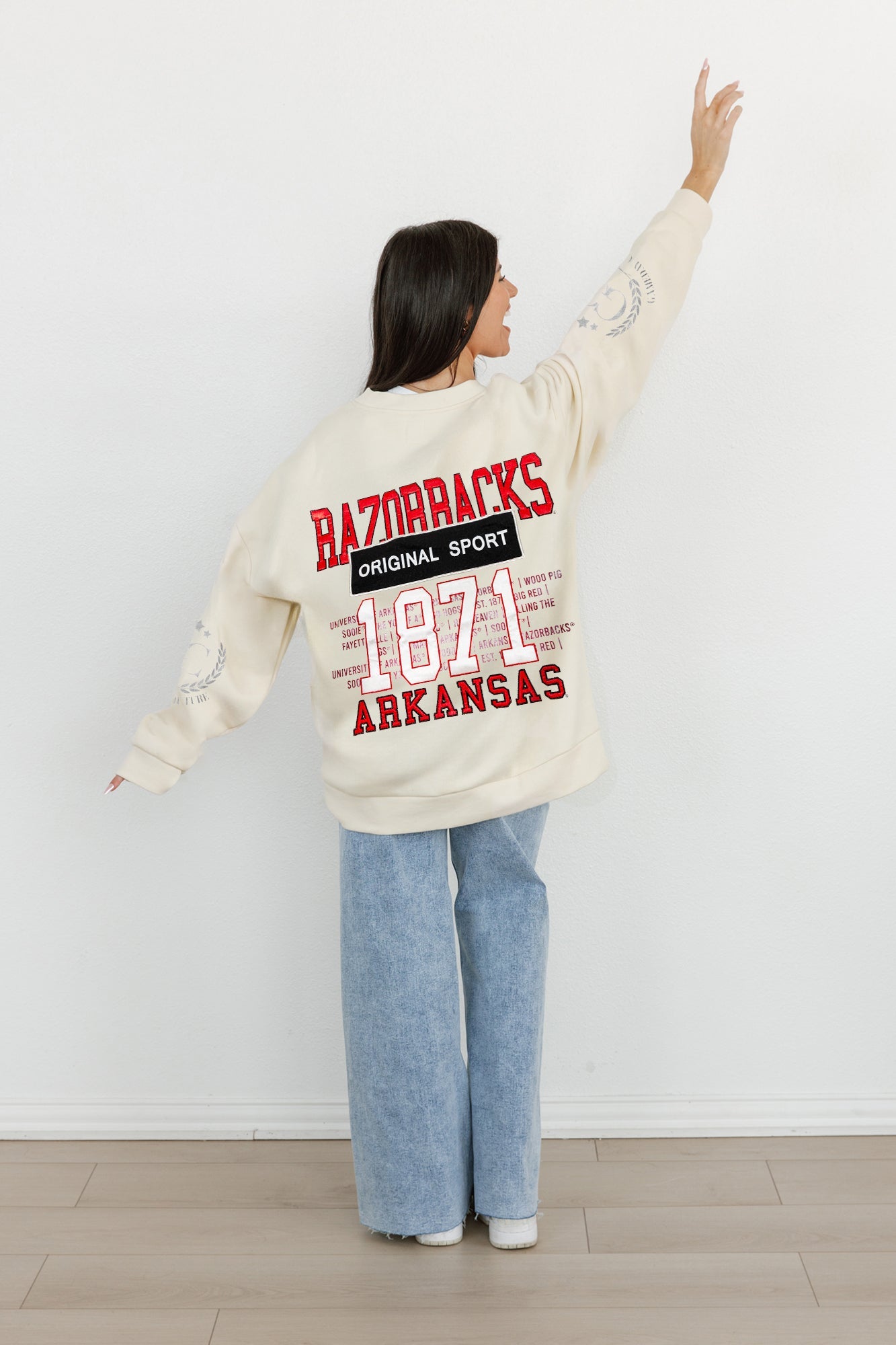 ARKANSAS RAZORBACKS GAMEDAY SLAY BLACK LABEL PREMIUM FLEECE DROP SHOULDER CREWNECK BY MADI PREWETT TROUTT