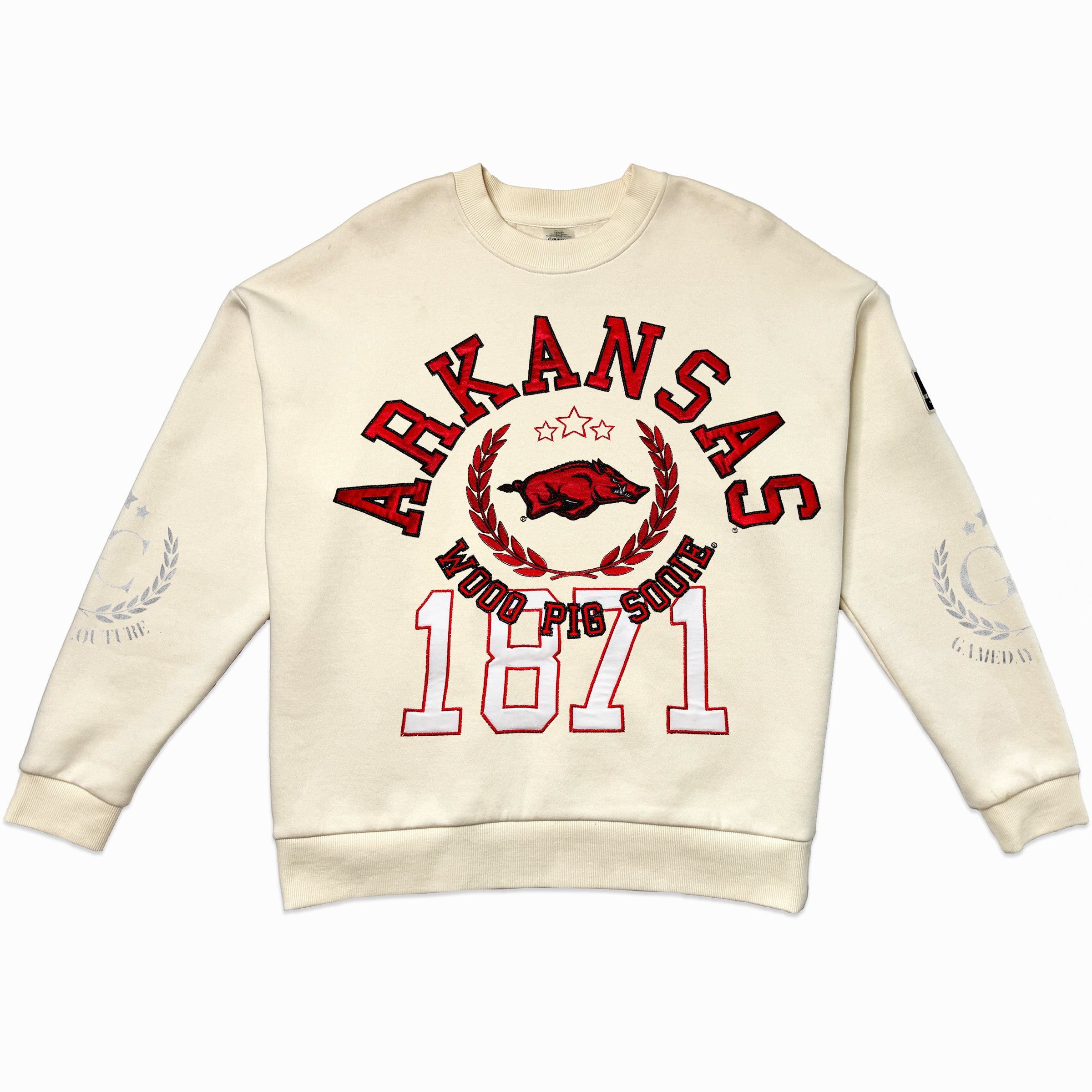 ARKANSAS RAZORBACKS GAMEDAY SLAY BLACK LABEL PREMIUM FLEECE DROP SHOULDER CREWNECK BY MADI PREWETT TROUTT