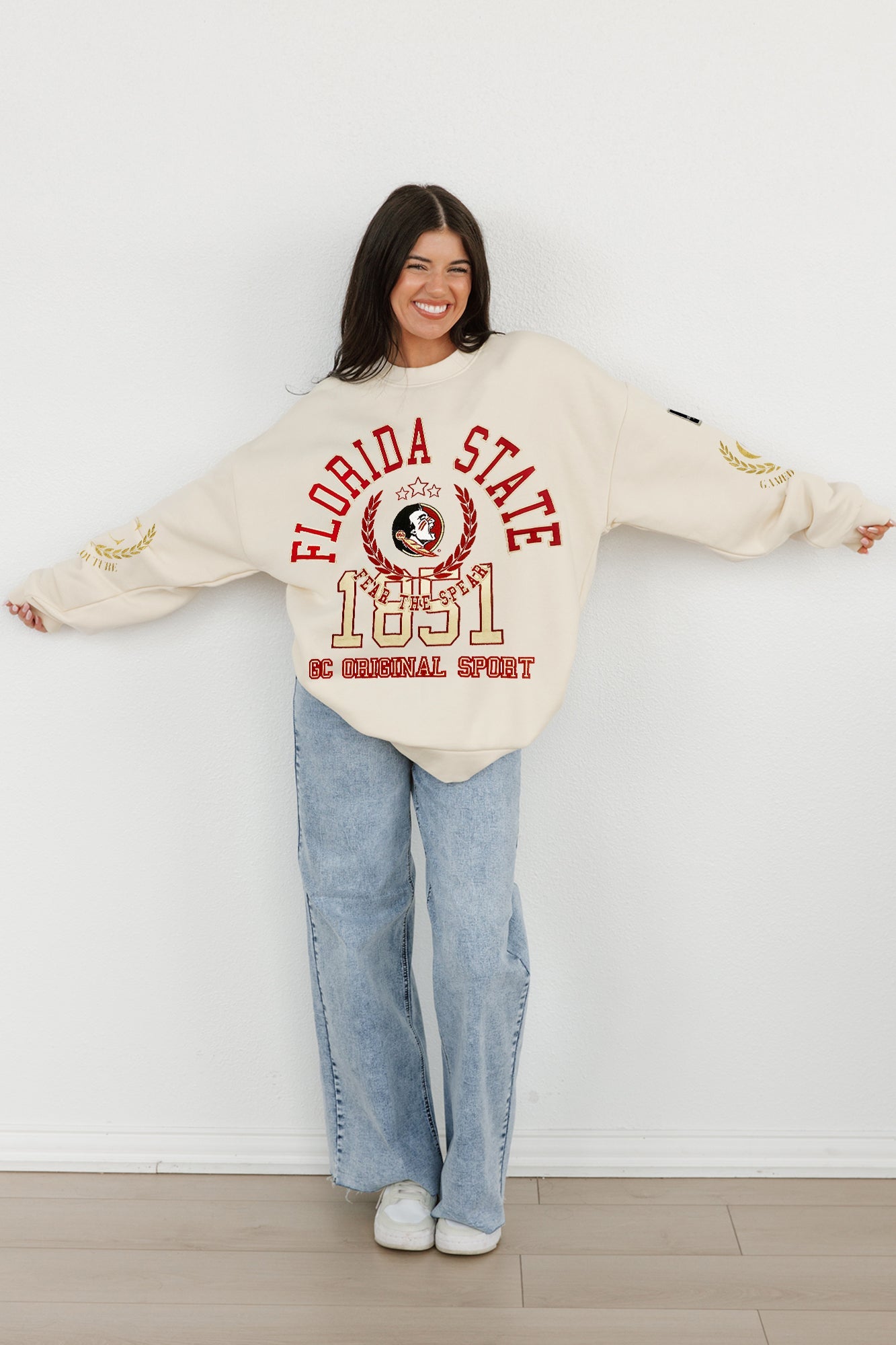 FLORIDA STATE SEMINOLES GAMEDAY SLAY BLACK LABEL PREMIUM FLEECE DROP SHOULDER CREWNECK BY MADI PREWETT TROUTT