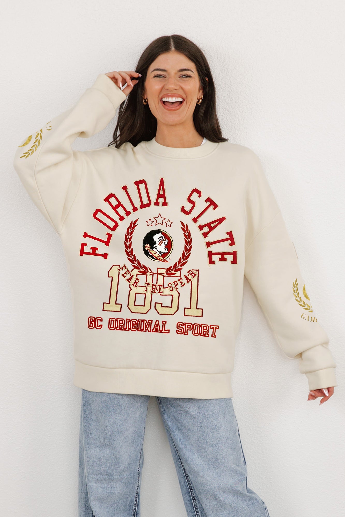 FLORIDA STATE SEMINOLES GAMEDAY SLAY BLACK LABEL PREMIUM FLEECE DROP SHOULDER CREWNECK BY MADI PREWETT TROUTT