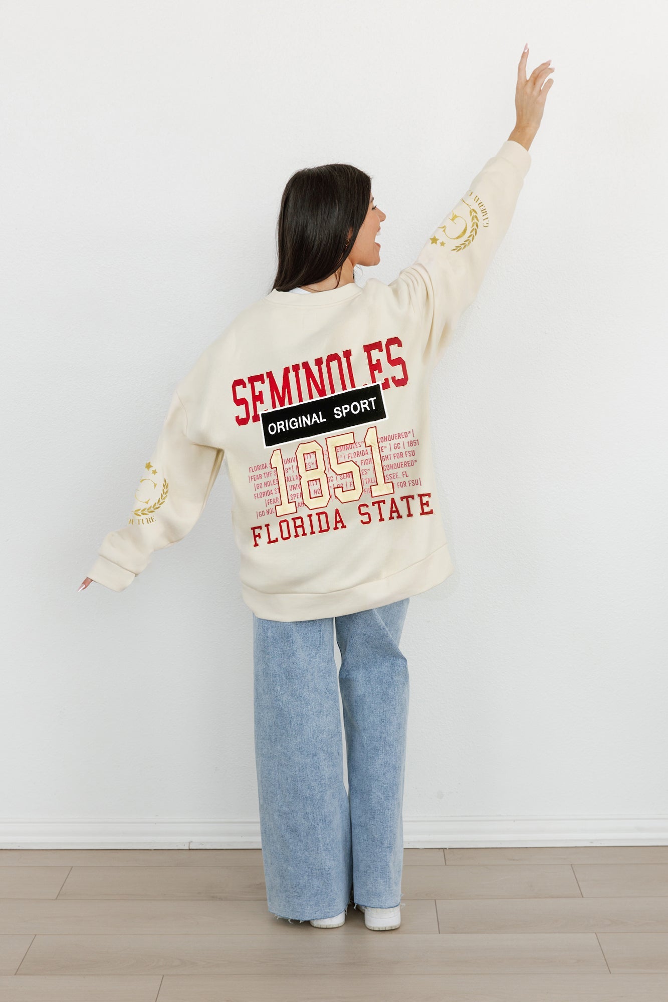 FLORIDA STATE SEMINOLES GAMEDAY SLAY BLACK LABEL PREMIUM FLEECE DROP SHOULDER CREWNECK BY MADI PREWETT TROUTT