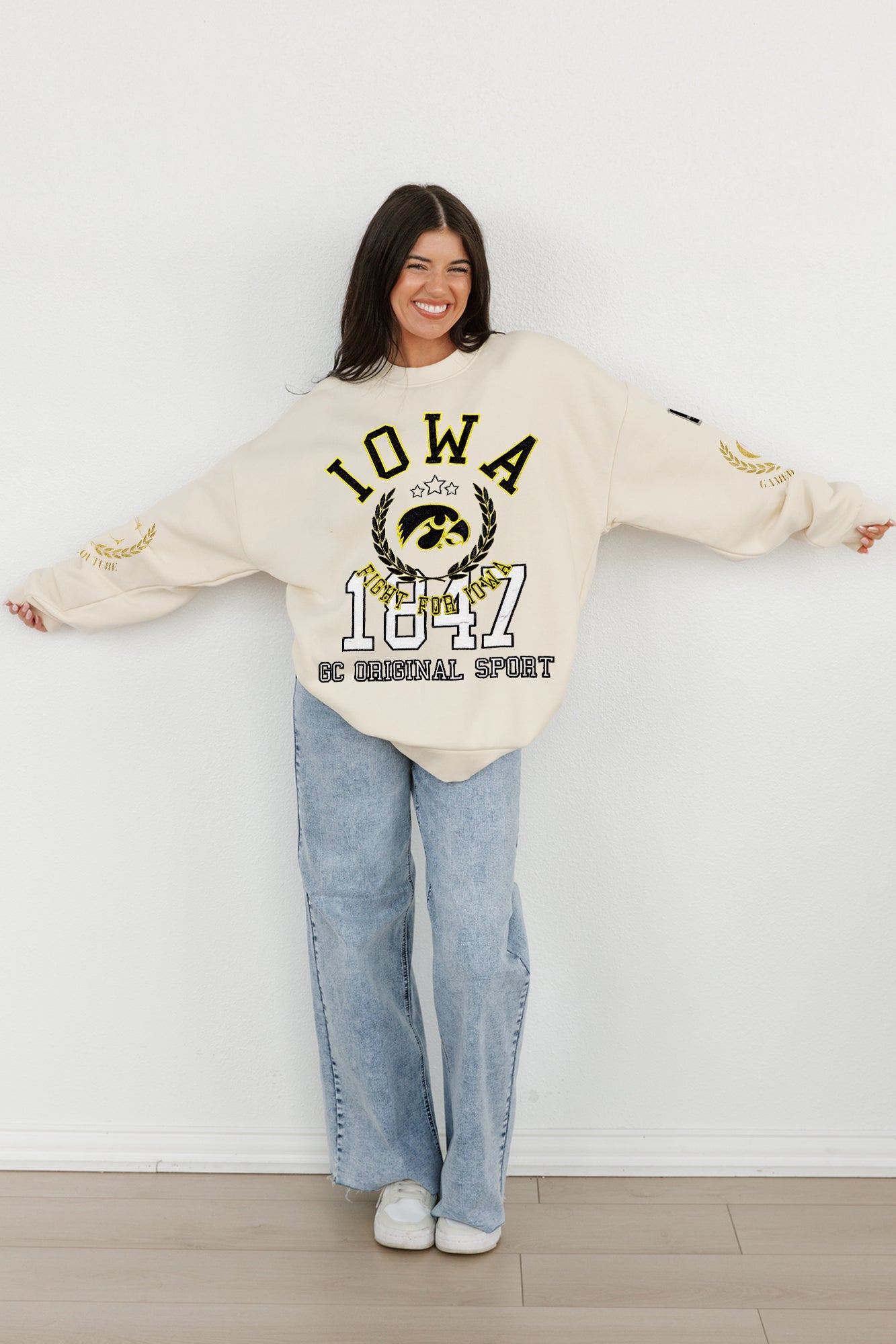 IOWA HAWKEYES GAMEDAY SLAY BLACK LABEL PREMIUM FLEECE DROP SHOULDER CREWNECK BY MADI PREWETT TROUTT