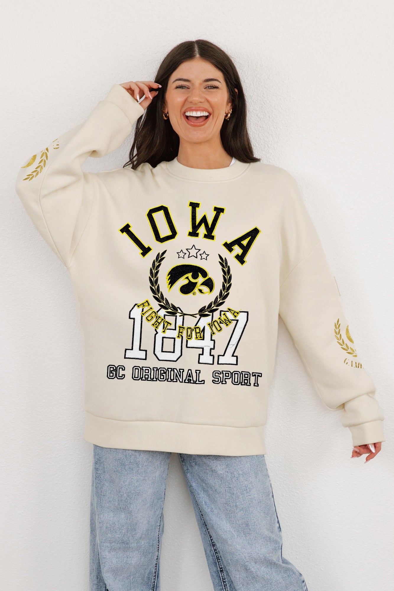 IOWA HAWKEYES GAMEDAY SLAY BLACK LABEL PREMIUM FLEECE DROP SHOULDER CREWNECK BY MADI PREWETT TROUTT