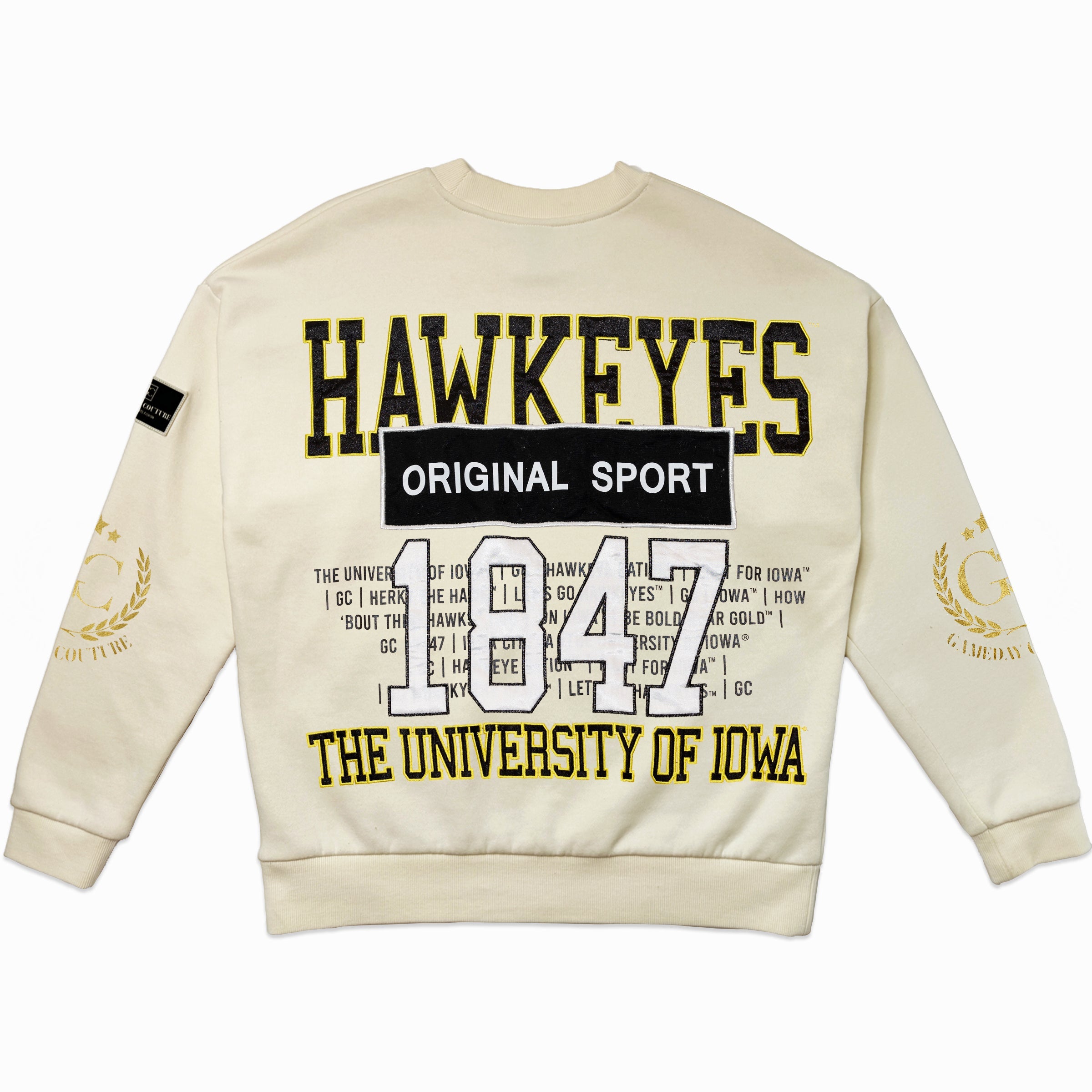 IOWA HAWKEYES GAMEDAY SLAY BLACK LABEL PREMIUM FLEECE DROP SHOULDER CREWNECK BY MADI PREWETT TROUTT