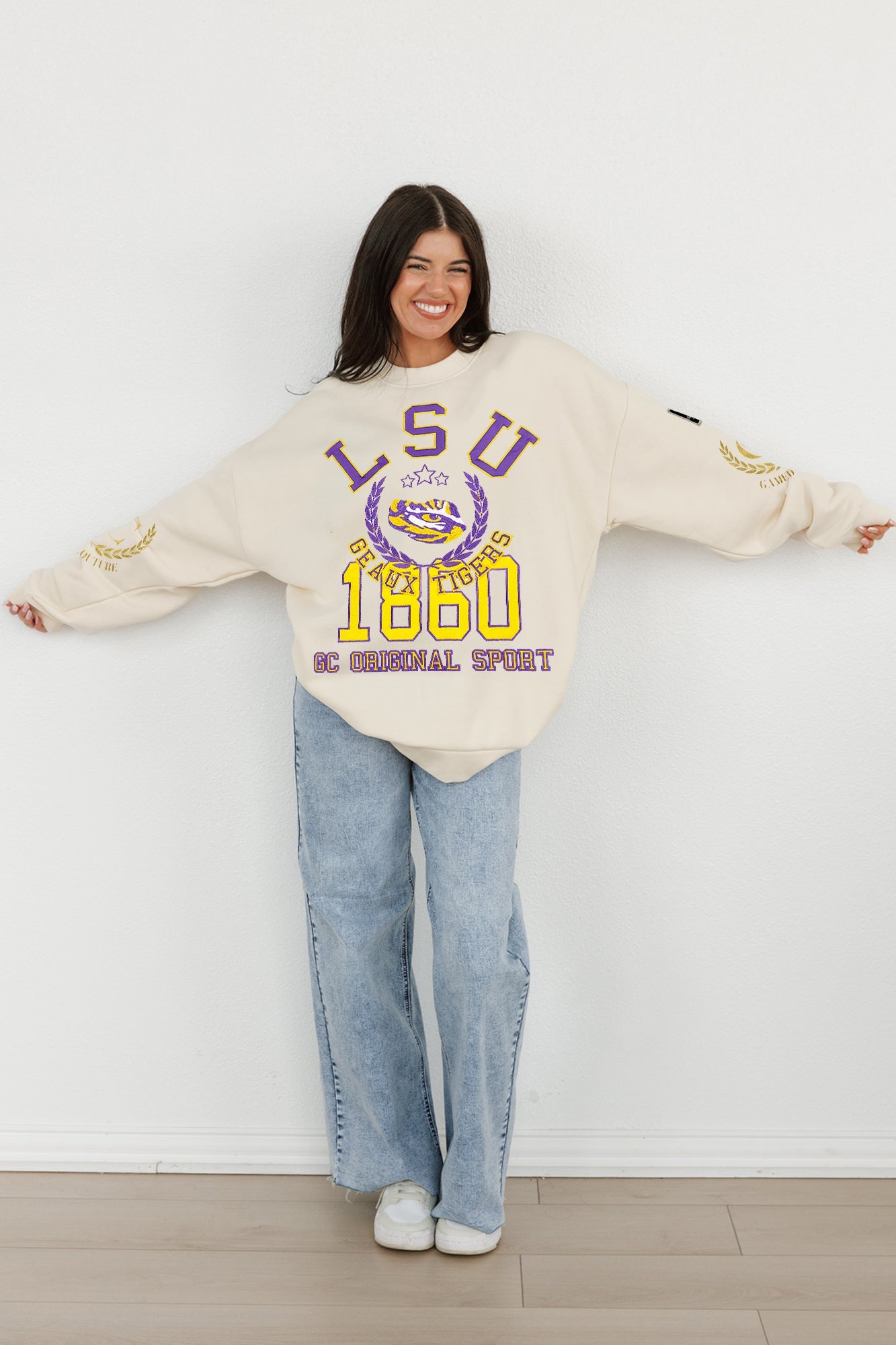 LSU TIGERS GAMEDAY SLAY BLACK LABEL PREMIUM FLEECE DROP SHOULDER CREWNECK BY MADI PREWETT TROUTT