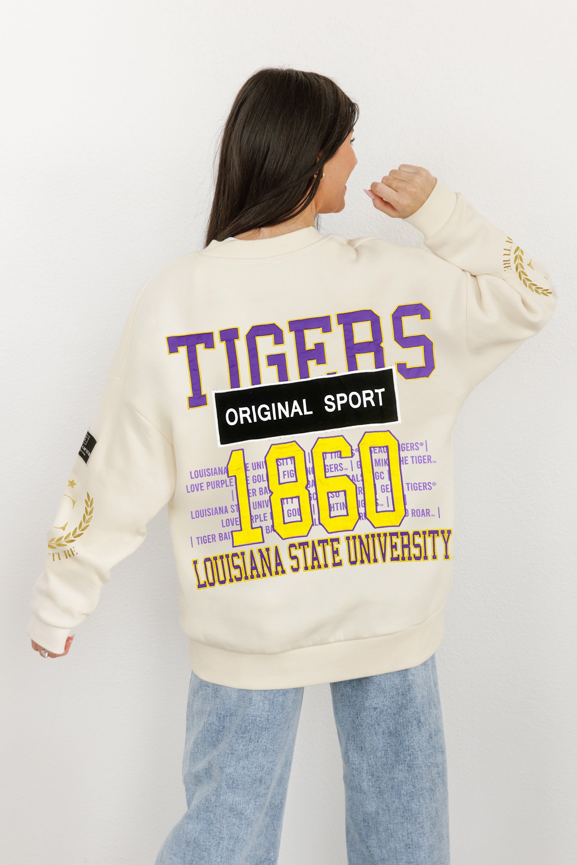 LSU TIGERS GAMEDAY SLAY BLACK LABEL PREMIUM FLEECE DROP SHOULDER CREWNECK BY MADI PREWETT TROUTT