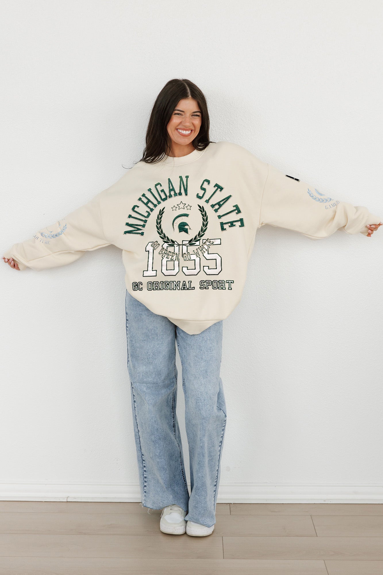 MICHIGAN STATE SPARTANS GAMEDAY SLAY BLACK LABEL PREMIUM FLEECE DROP SHOULDER CREWNECK BY MADI PREWETT TROUTT