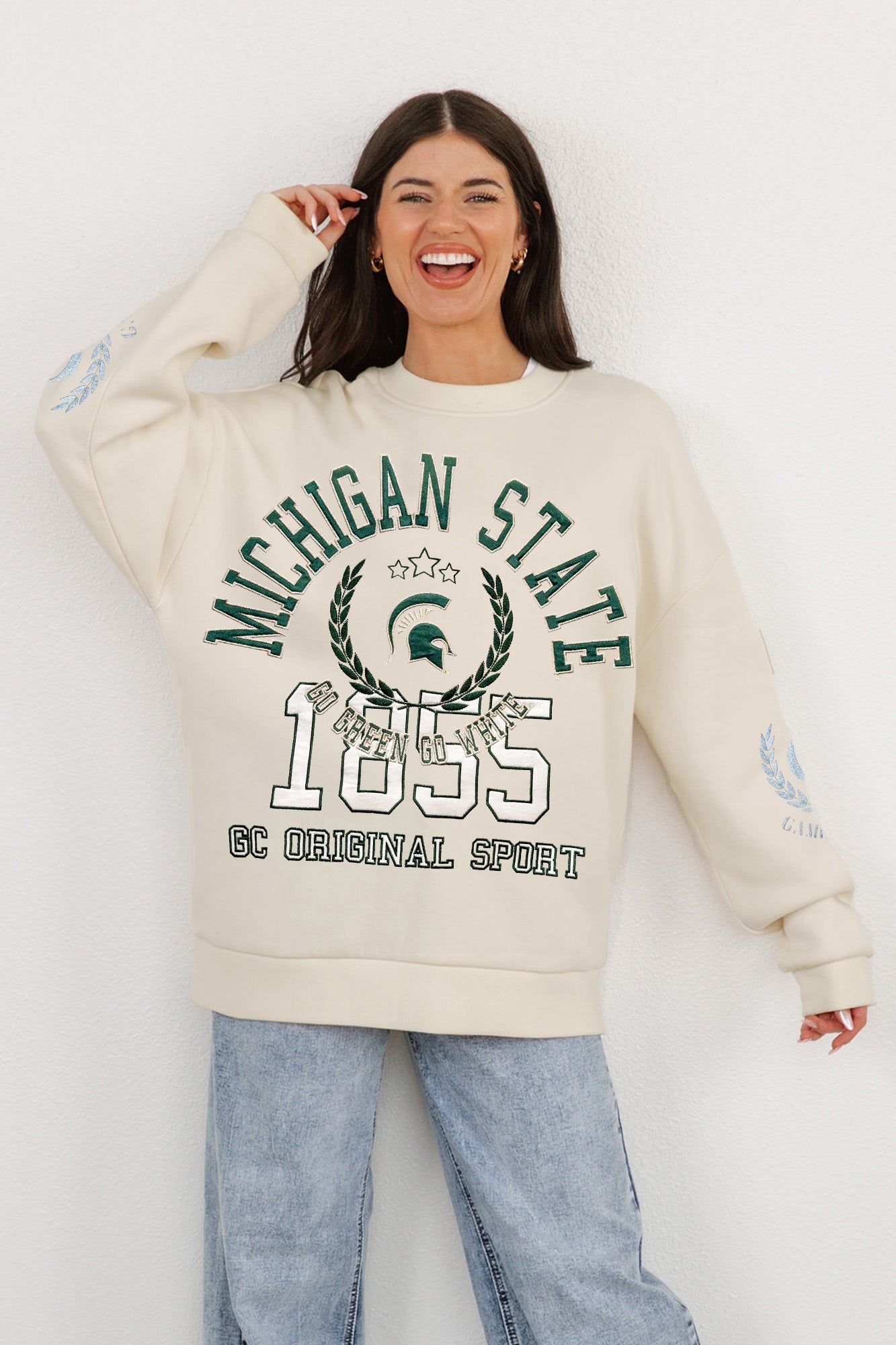 MICHIGAN STATE SPARTANS GAMEDAY SLAY BLACK LABEL PREMIUM FLEECE DROP SHOULDER CREWNECK BY MADI PREWETT TROUTT