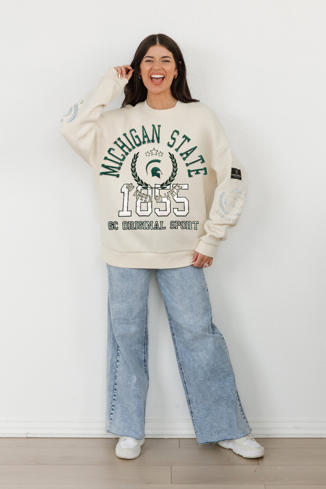 MICHIGAN STATE SPARTANS GAMEDAY SLAY BLACK LABEL PREMIUM FLEECE DROP SHOULDER CREWNECK BY MADI PREWETT TROUTT