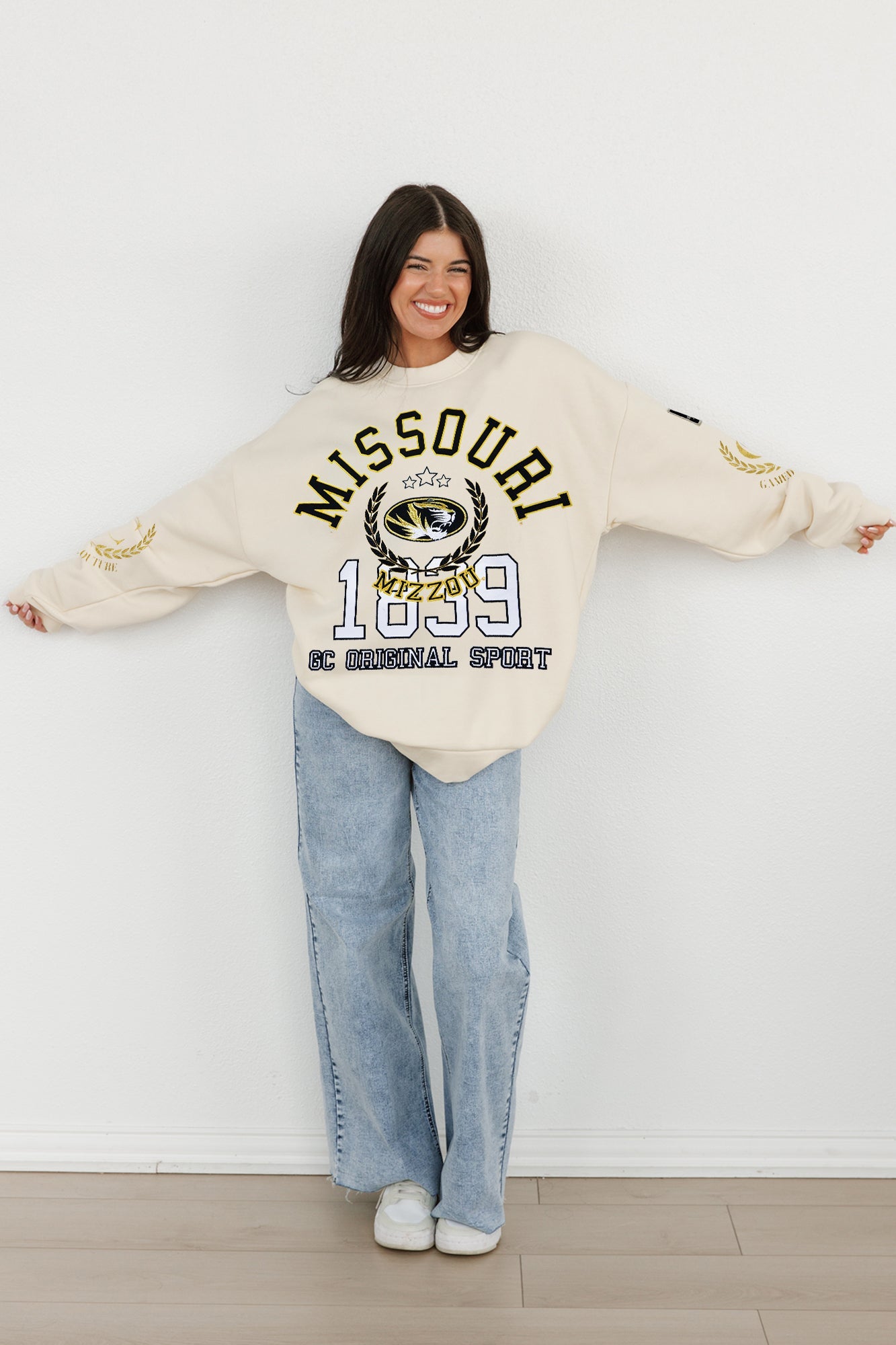 MISSOURI TIGERS GAMEDAY SLAY BLACK LABEL PREMIUM FLEECE DROP SHOULDER CREWNECK BY MADI PREWETT TROUTT