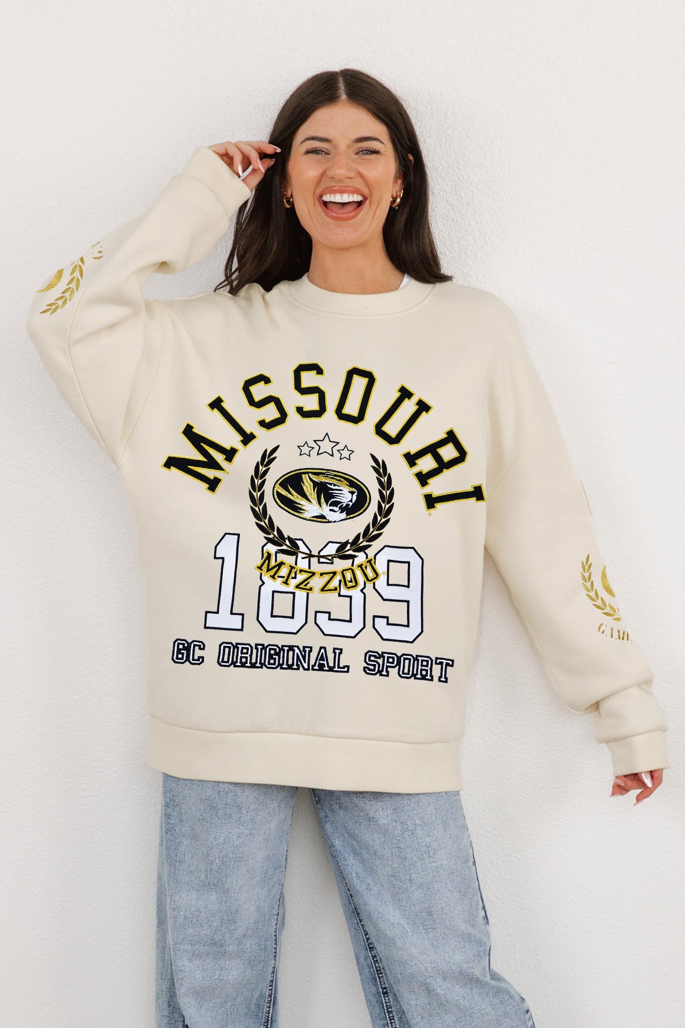 MISSOURI TIGERS GAMEDAY SLAY BLACK LABEL PREMIUM FLEECE DROP SHOULDER CREWNECK BY MADI PREWETT TROUTT