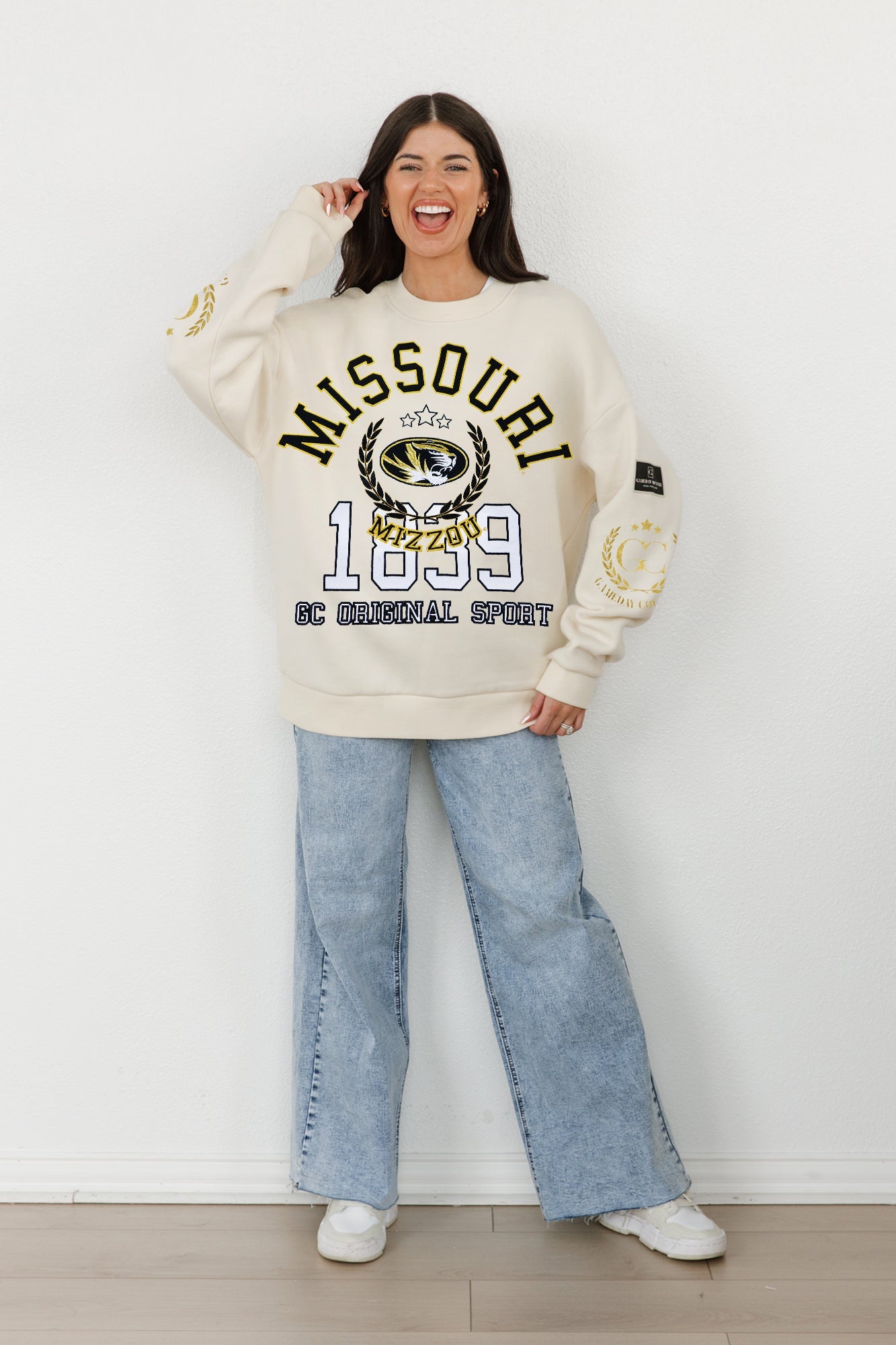 MISSOURI TIGERS GAMEDAY SLAY BLACK LABEL PREMIUM FLEECE DROP SHOULDER CREWNECK BY MADI PREWETT TROUTT