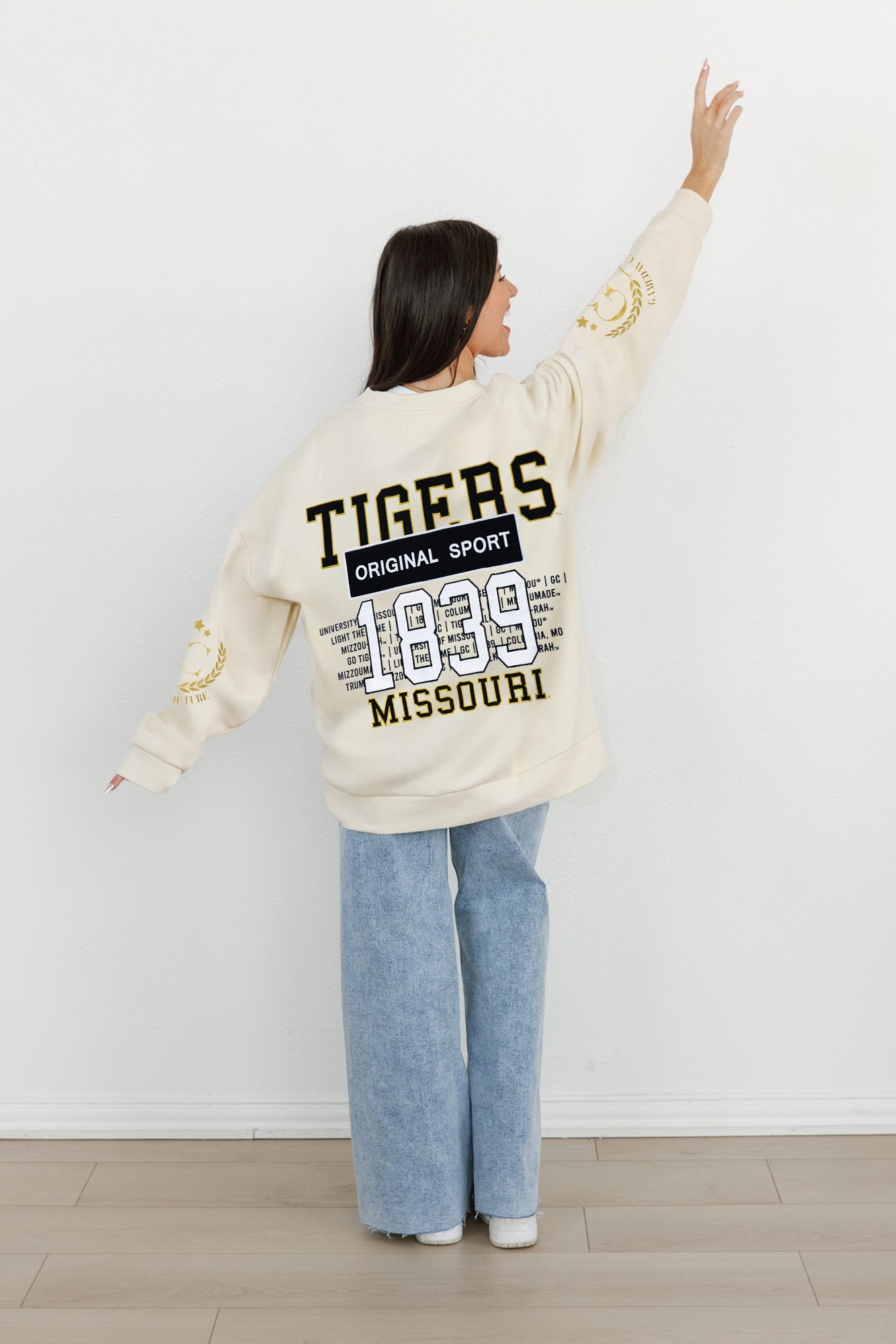 MISSOURI TIGERS GAMEDAY SLAY BLACK LABEL PREMIUM FLEECE DROP SHOULDER CREWNECK BY MADI PREWETT TROUTT