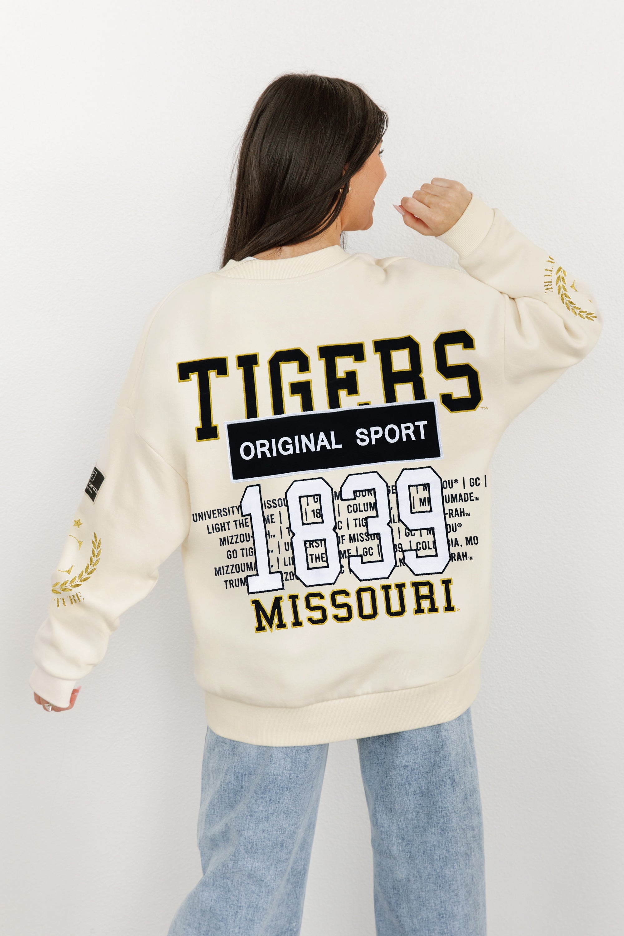 MISSOURI TIGERS GAMEDAY SLAY BLACK LABEL PREMIUM FLEECE DROP SHOULDER CREWNECK BY MADI PREWETT TROUTT