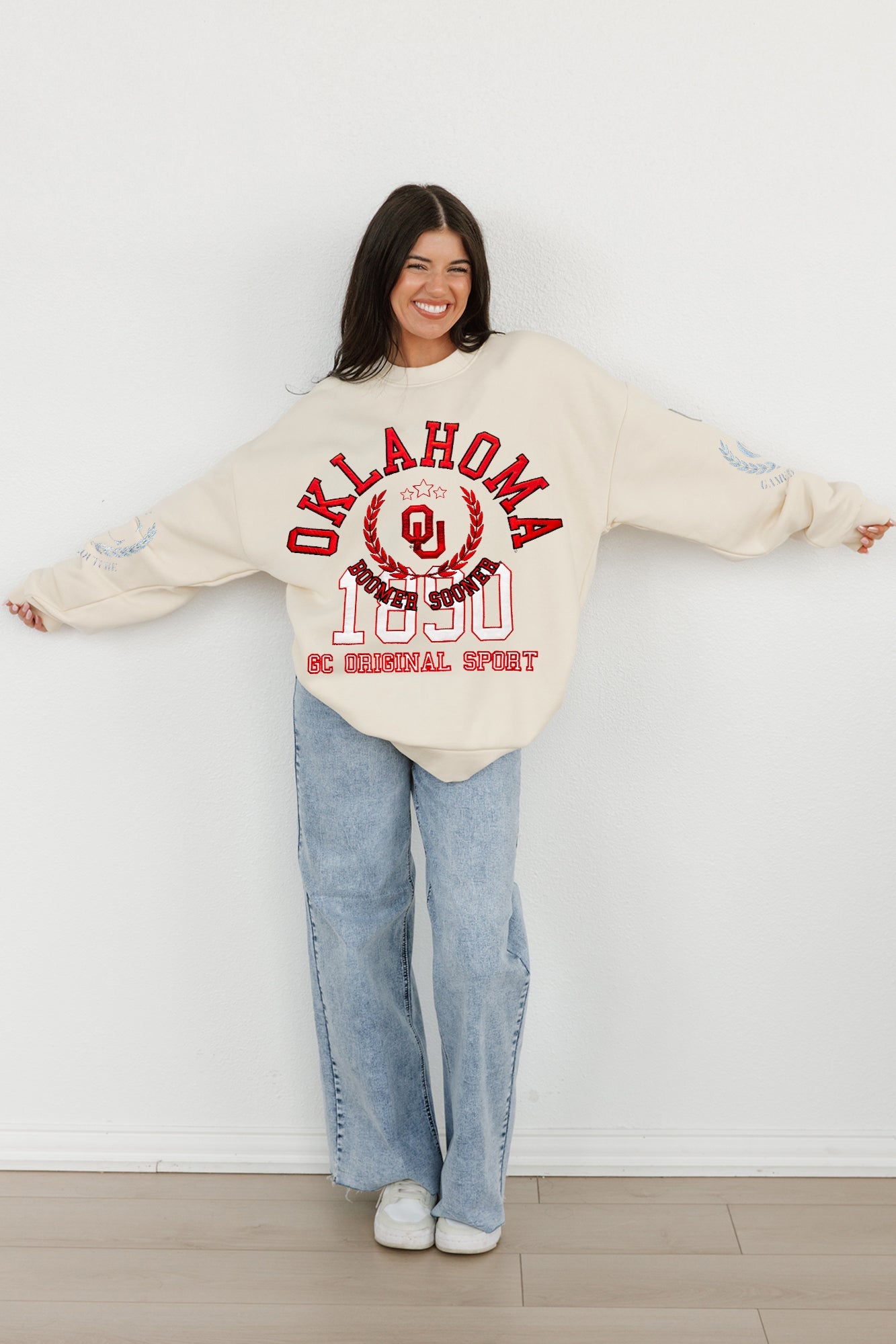 OKLAHOMA SOONERS GAMEDAY SLAY BLACK LABEL PREMIUM FLEECE DROP SHOULDER CREWNECK BY MADI PREWETT TROUTT