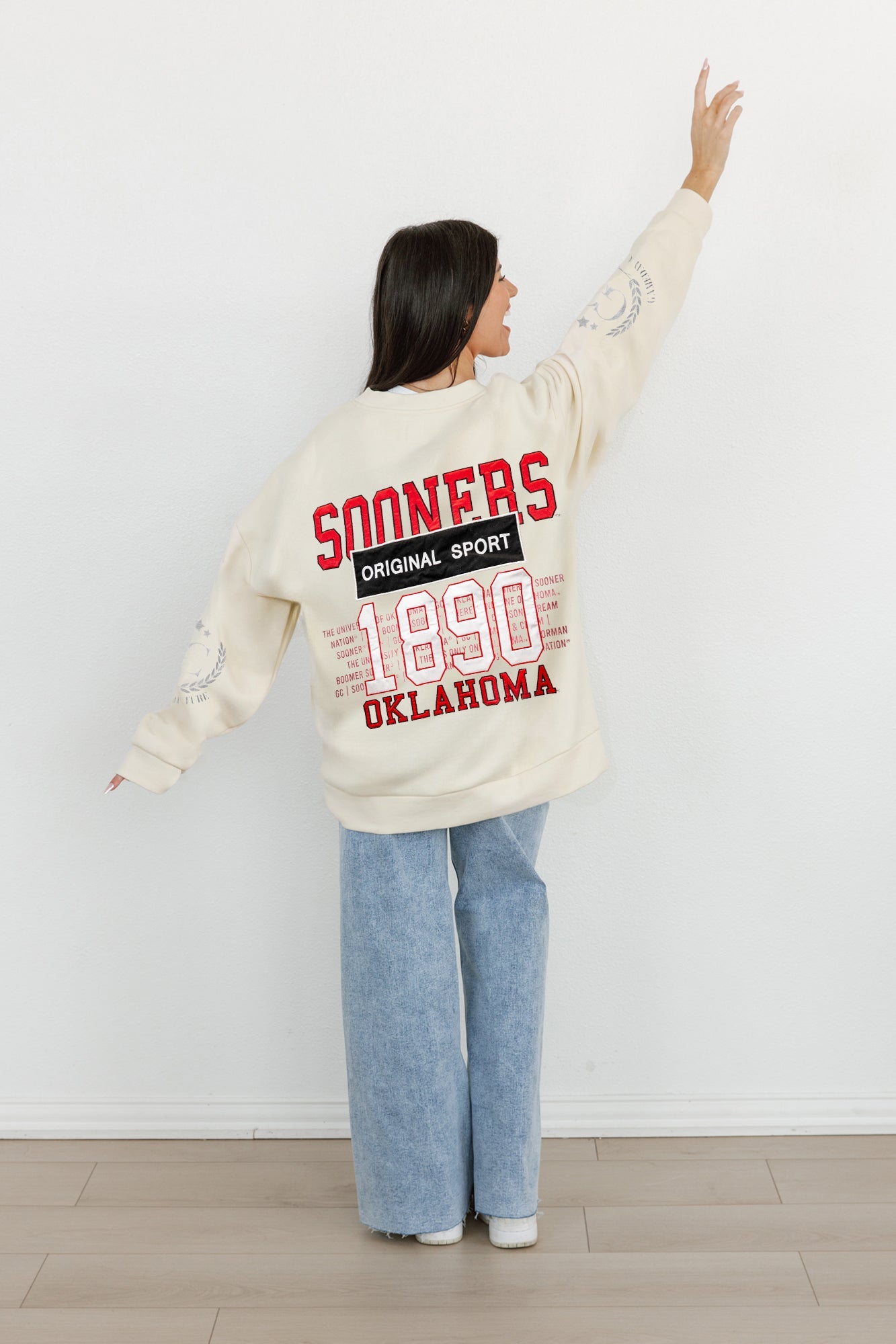 OKLAHOMA SOONERS GAMEDAY SLAY BLACK LABEL PREMIUM FLEECE DROP SHOULDER CREWNECK BY MADI PREWETT TROUTT