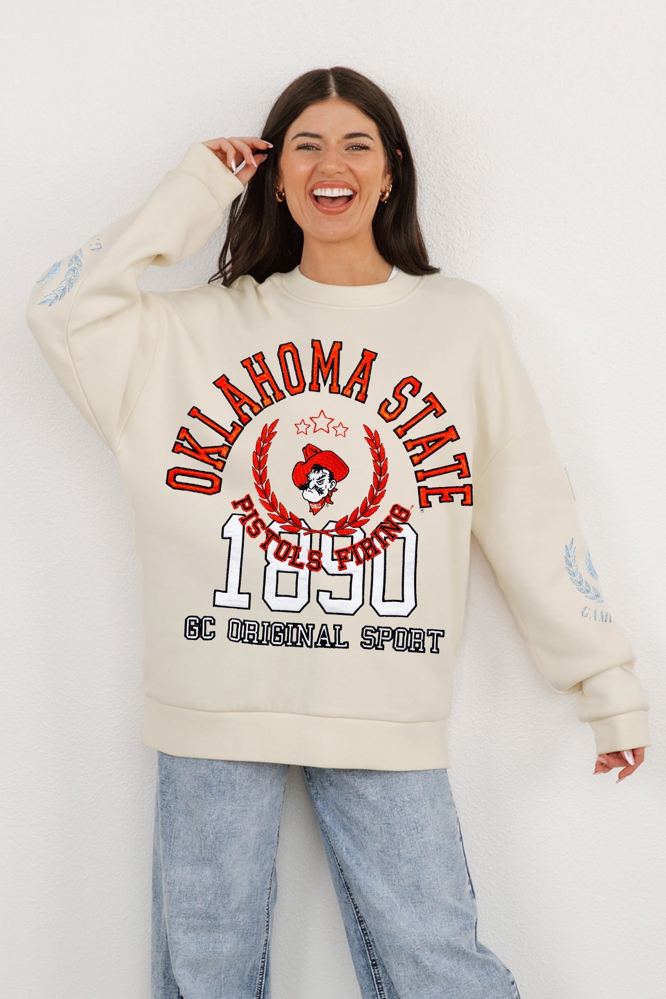 OKLAHOMA STATE COWBOYS GAMEDAY SLAY BLACK LABEL PREMIUM FLEECE DROP SHOULDER CREWNECK BY MADI PREWETT TROUTT