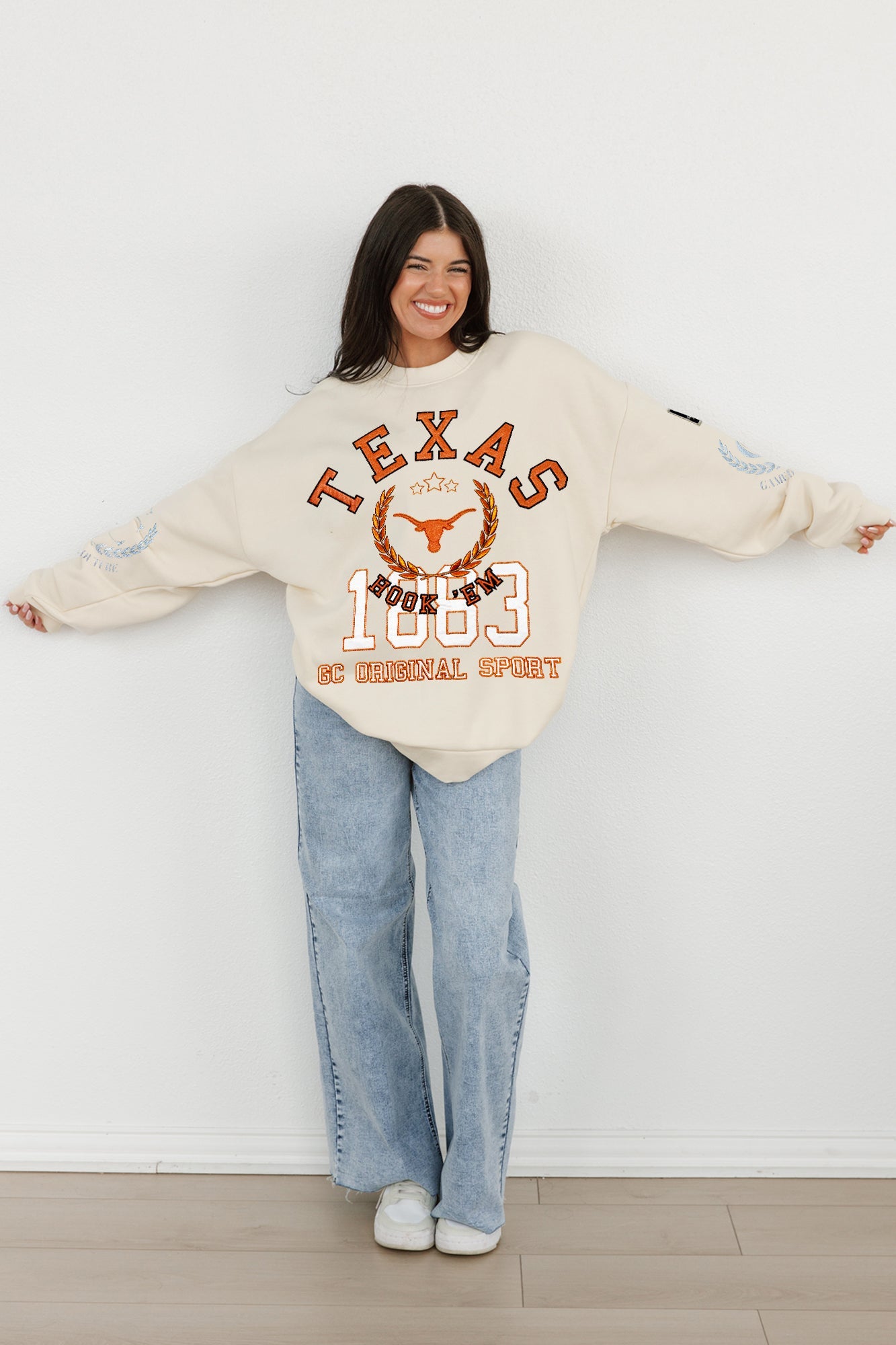 TEXAS LONGHORNS GAMEDAY SLAY BLACK LABEL PREMIUM FLEECE DROP SHOULDER CREWNECK BY MADI PREWETT TROUTT