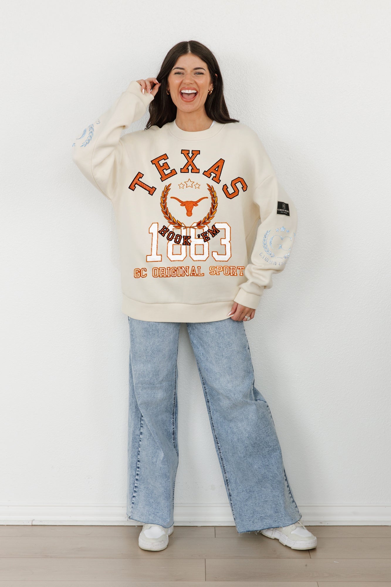 TEXAS LONGHORNS GAMEDAY SLAY BLACK LABEL PREMIUM FLEECE DROP SHOULDER CREWNECK BY MADI PREWETT TROUTT